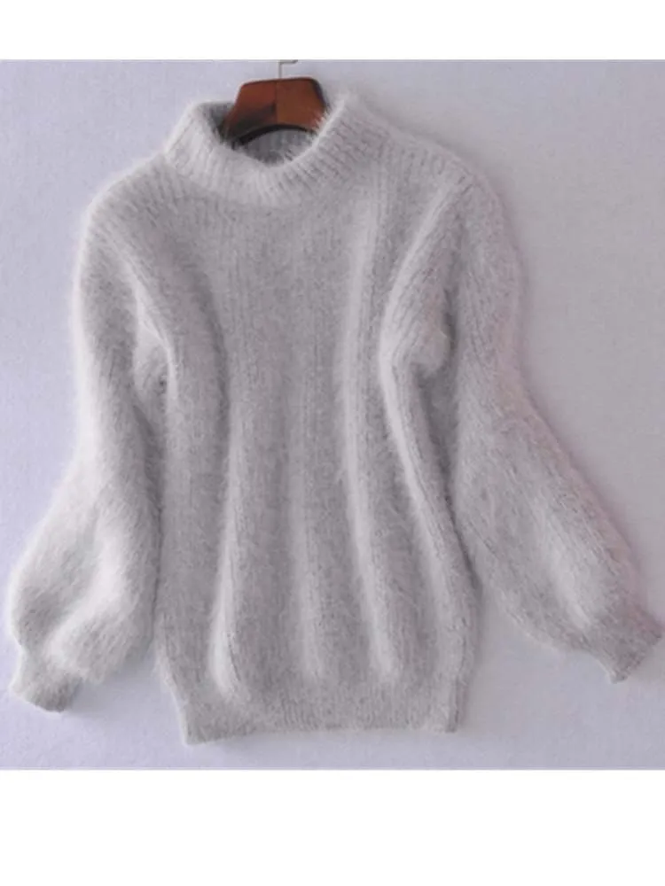 Mohair Turtleneck Sweater - Cozy, Loose-Fitting, Lantern Sleeves