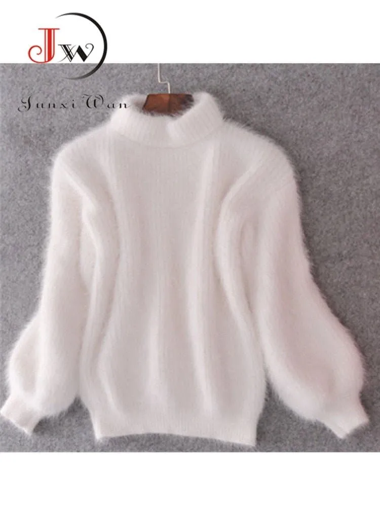 Mohair Turtleneck Sweater - Cozy, Loose-Fitting, Lantern Sleeves