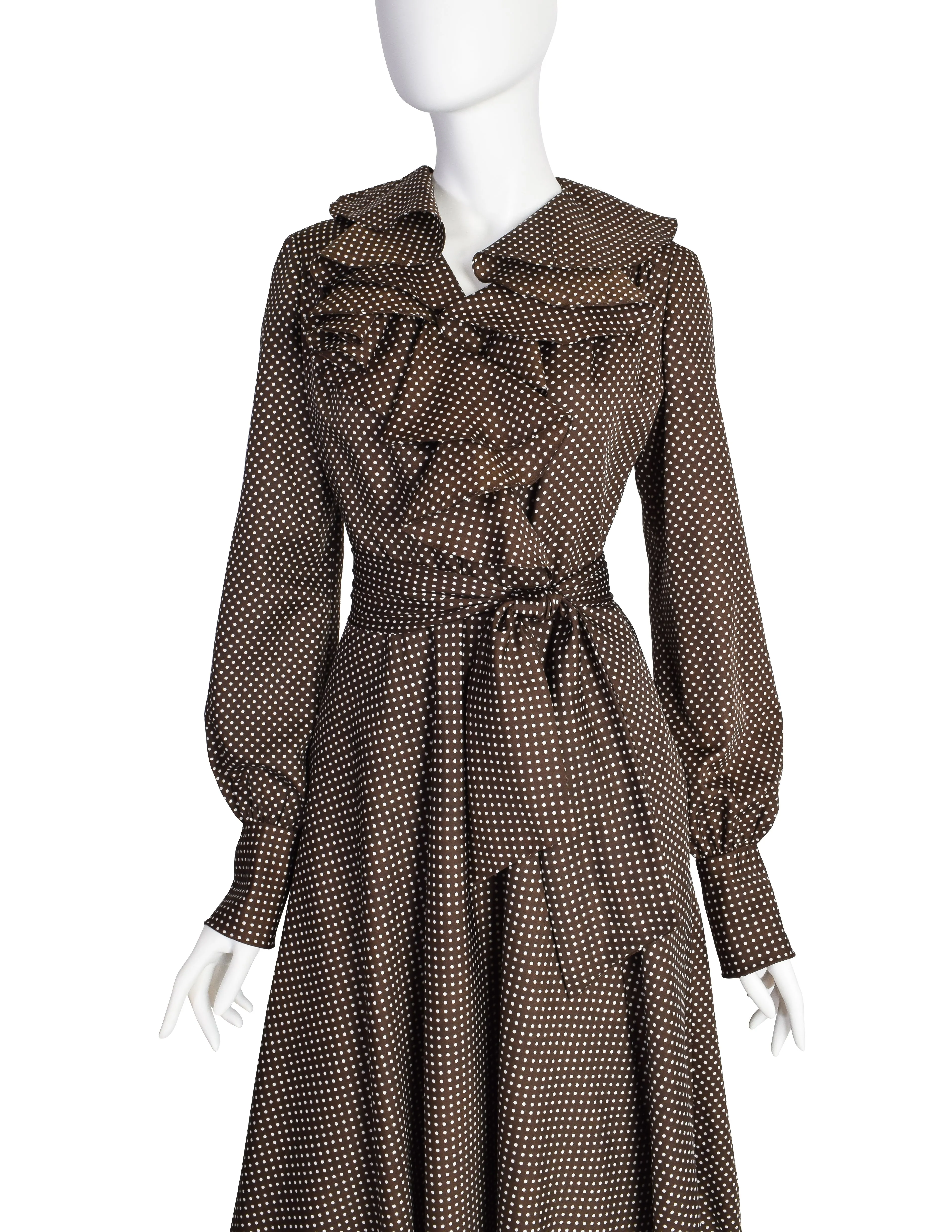 Mollie Parnis Vintage Brown and White Polka Dot Silk Ruffle Collar Wrap Dress