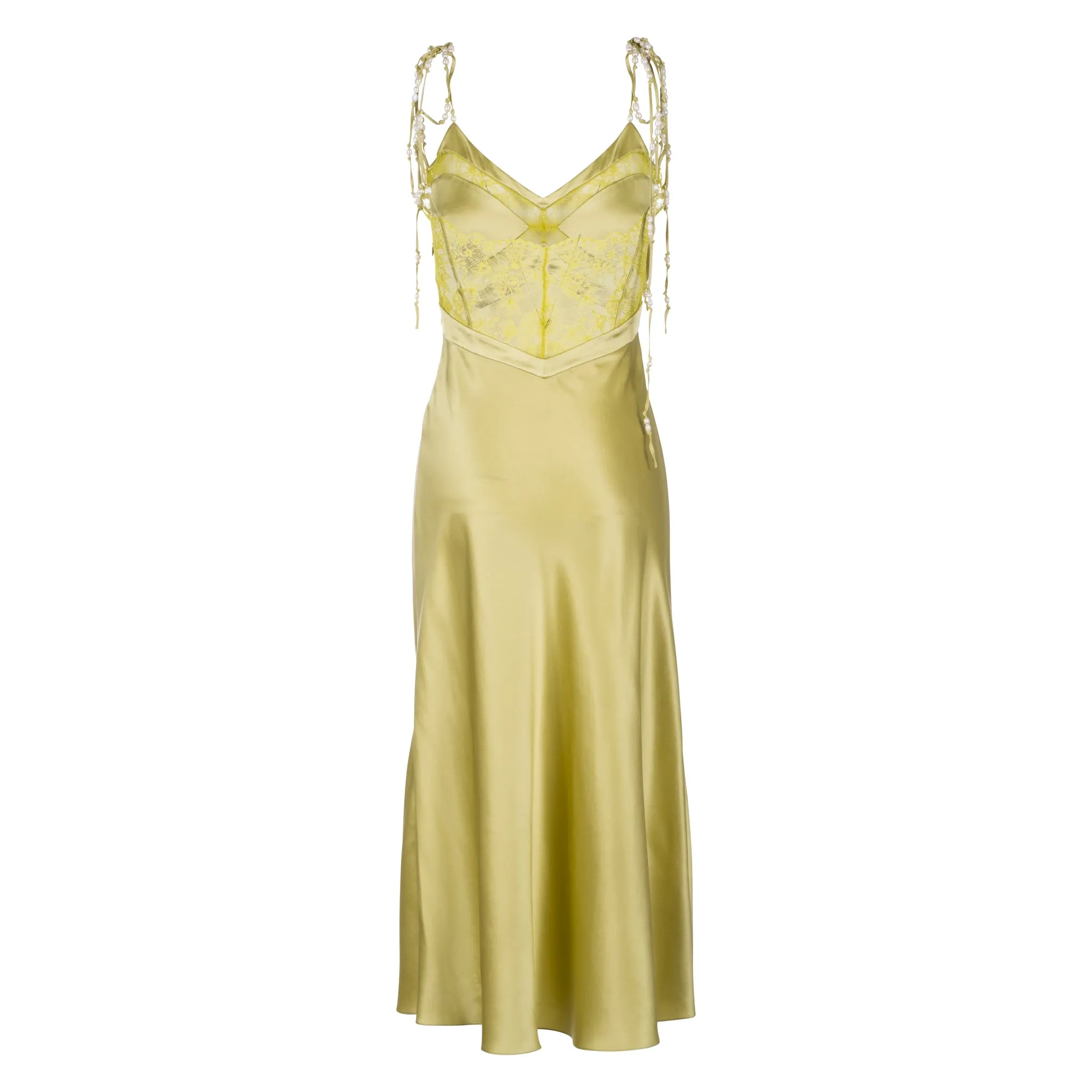 Moss Midi Dress w/ Lace Panel & Beaded Tie Straps