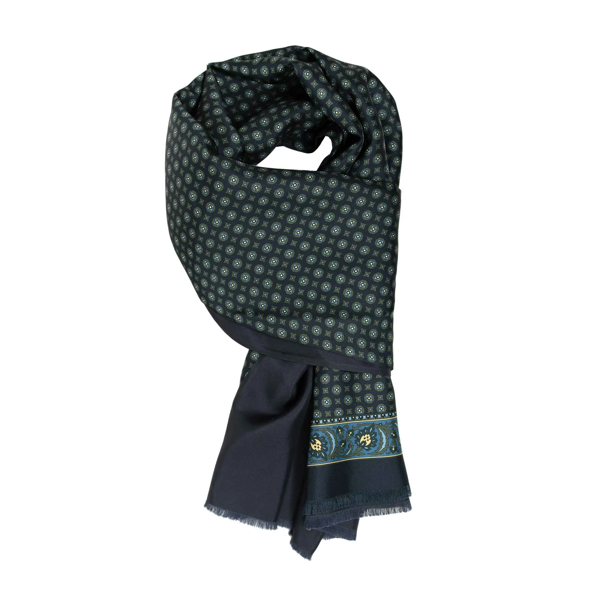 Navy with Olive Circle Pattern Silk Scarf