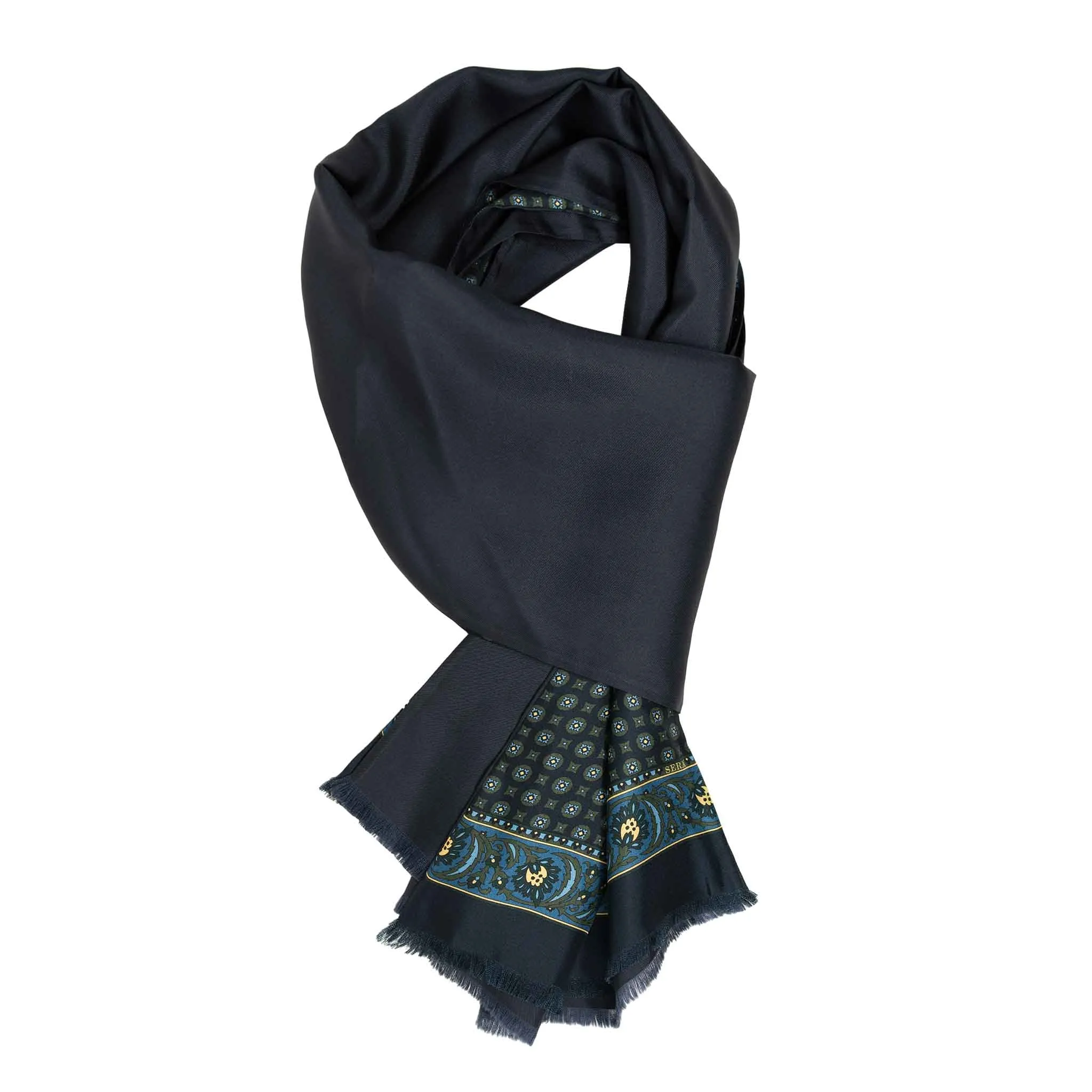 Navy with Olive Circle Pattern Silk Scarf