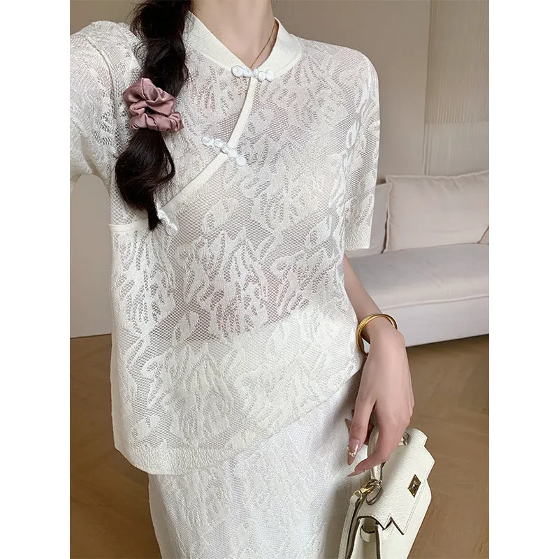 New Chinese Style Cool Silk Two-Piece Women's Clothing Summer High-Grade Zen Embroidery Short Sleeve Robe Suit Skirt