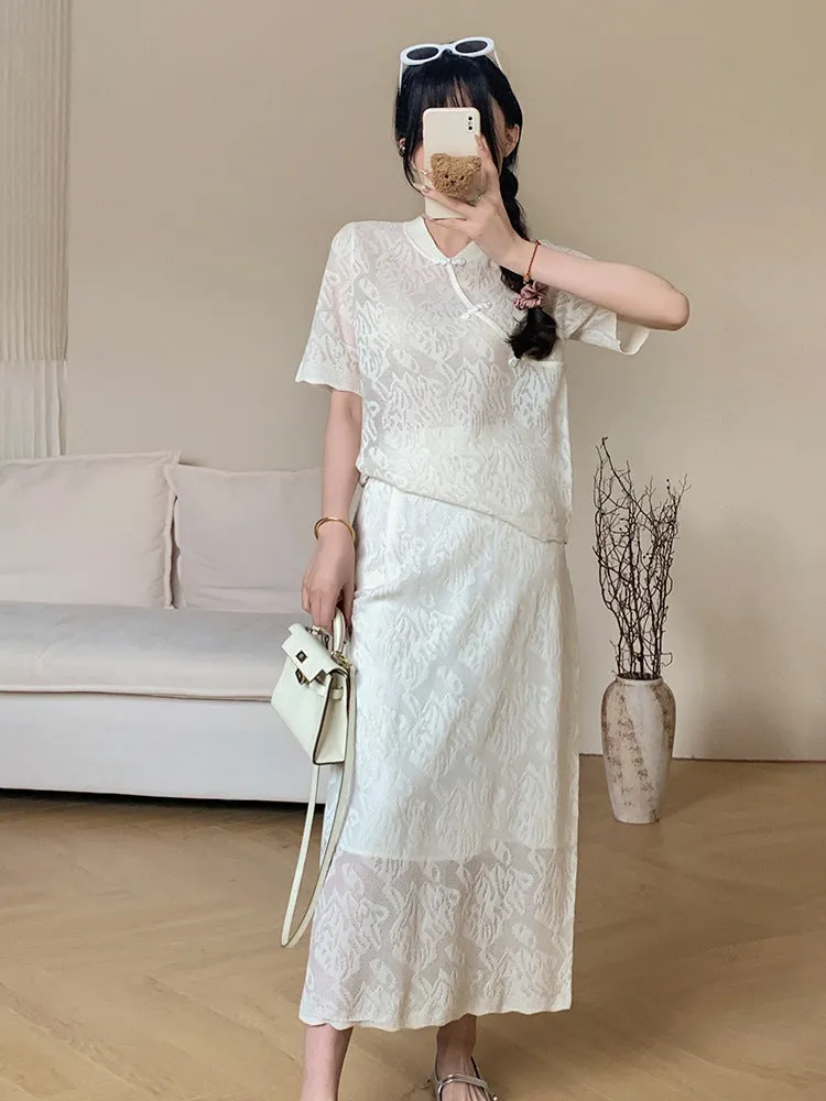 New Chinese Style Cool Silk Two-Piece Women's Clothing Summer High-Grade Zen Embroidery Short Sleeve Robe Suit Skirt