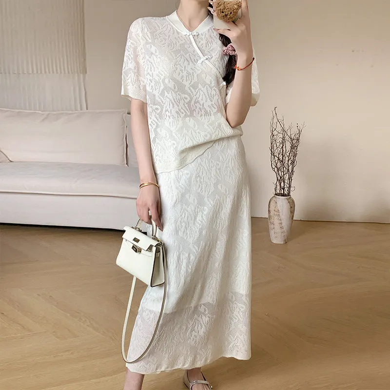 New Chinese Style Cool Silk Two-Piece Women's Clothing Summer High-Grade Zen Embroidery Short Sleeve Robe Suit Skirt