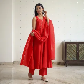 Nithya Red Cotton Flared Kurta with Palazzo & Dupatta Set