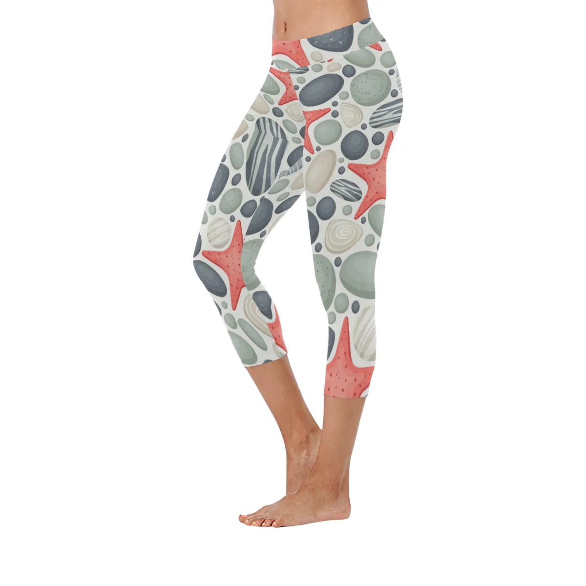 Ocean Stones and Sea Stars Women's Low Rise Capri Leggings (Invisible Stitch)