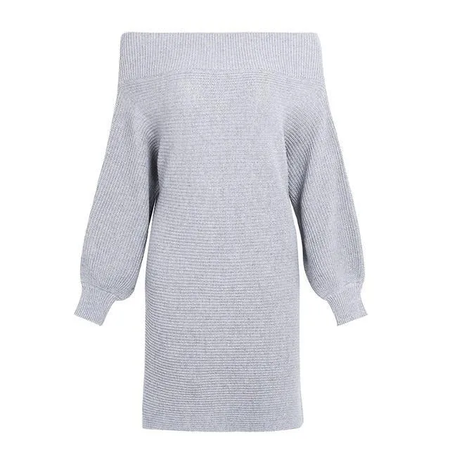 Off Shoulder Long Knitted Sweater Elegant Loose Winter Pullover Autumn Batwing Sleeve Gray Sweater Dress