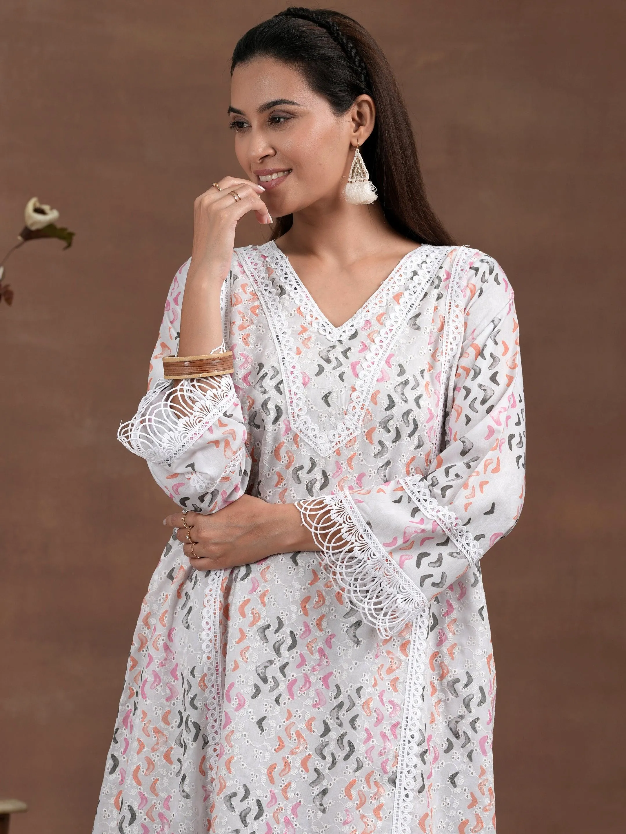 Off white Printed Cotton A-Line Kurta With Palazzos