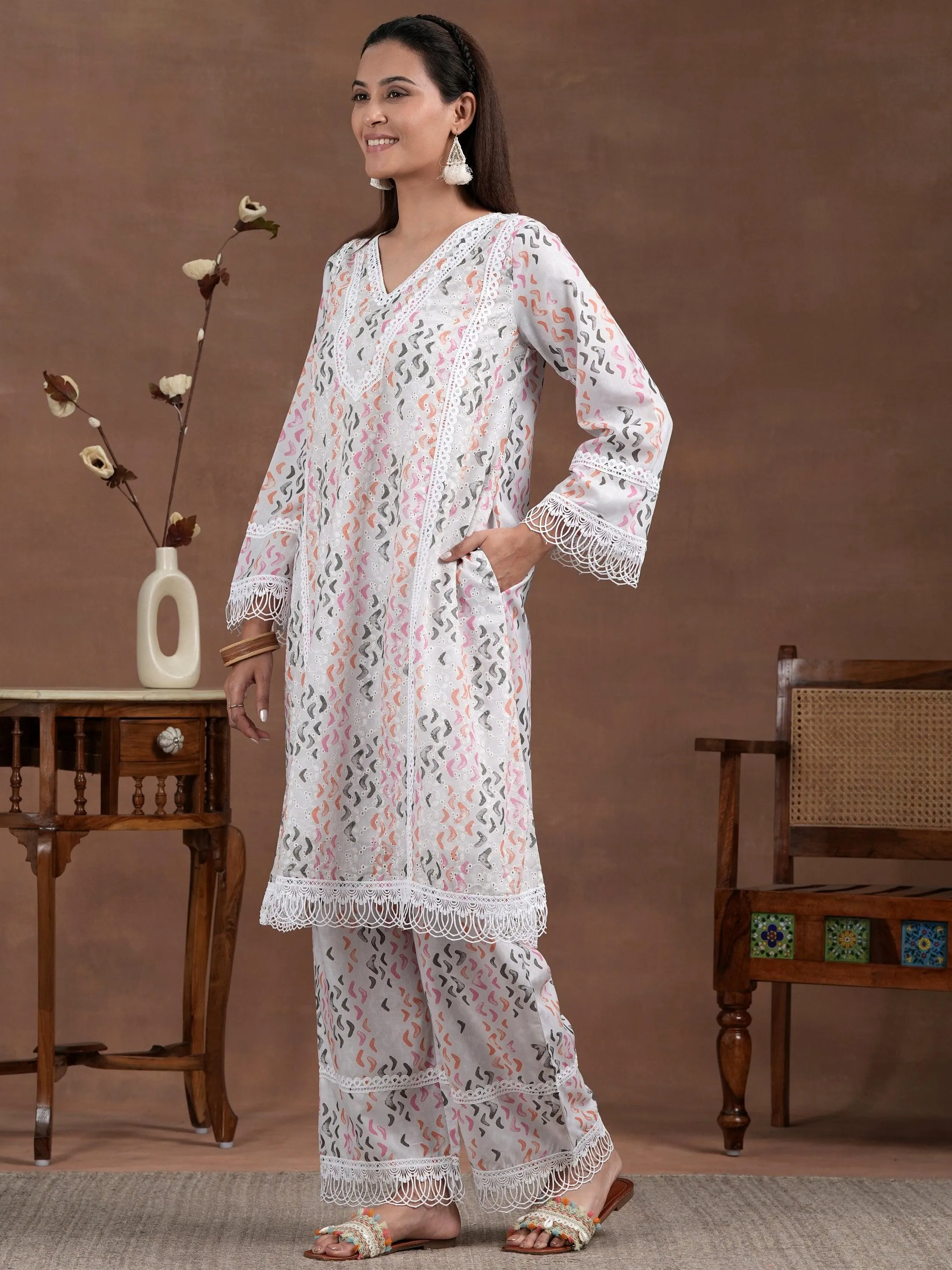 Off white Printed Cotton A-Line Kurta With Palazzos