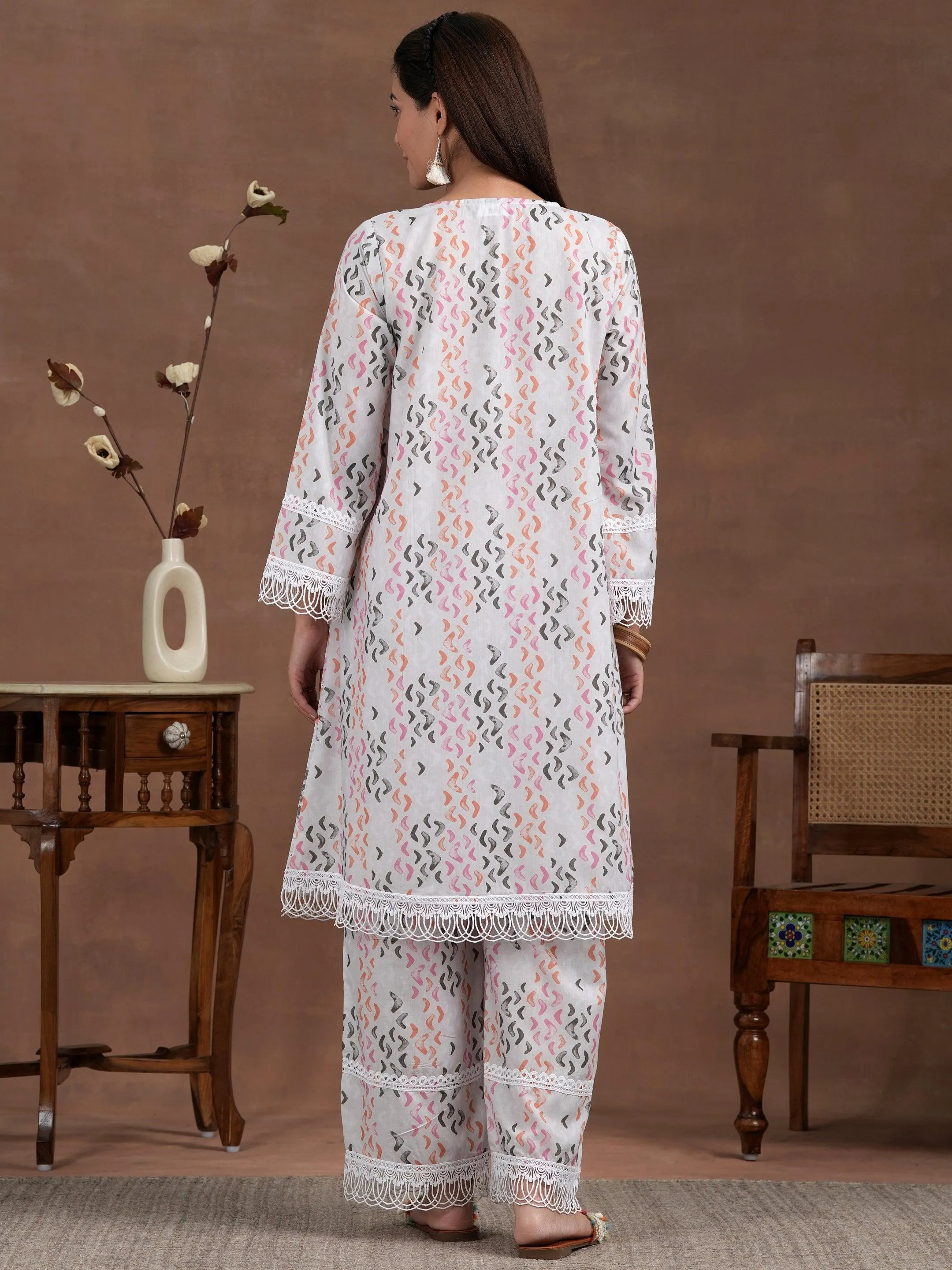 Off white Printed Cotton A-Line Kurta With Palazzos