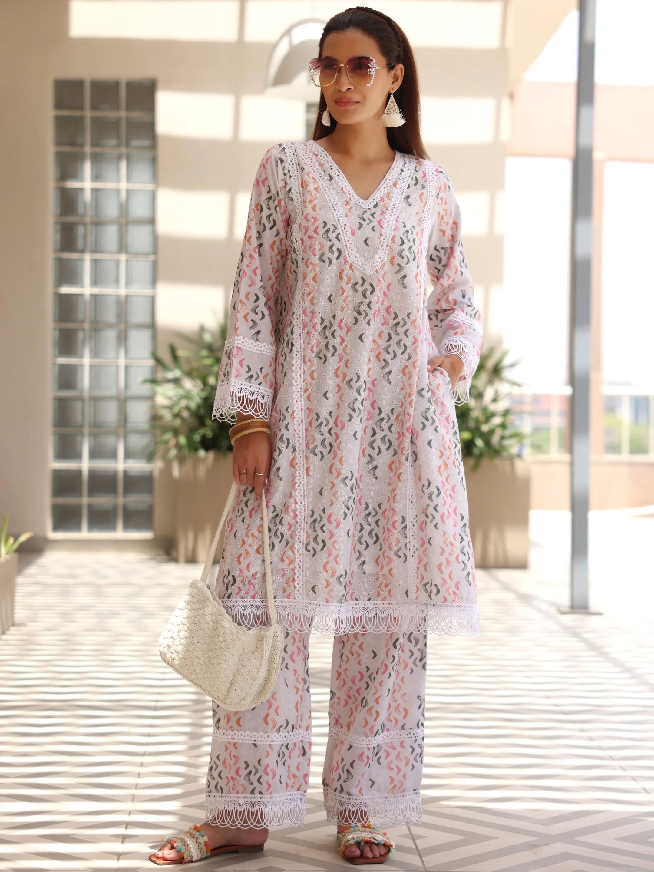 Off white Printed Cotton A-Line Kurta With Palazzos