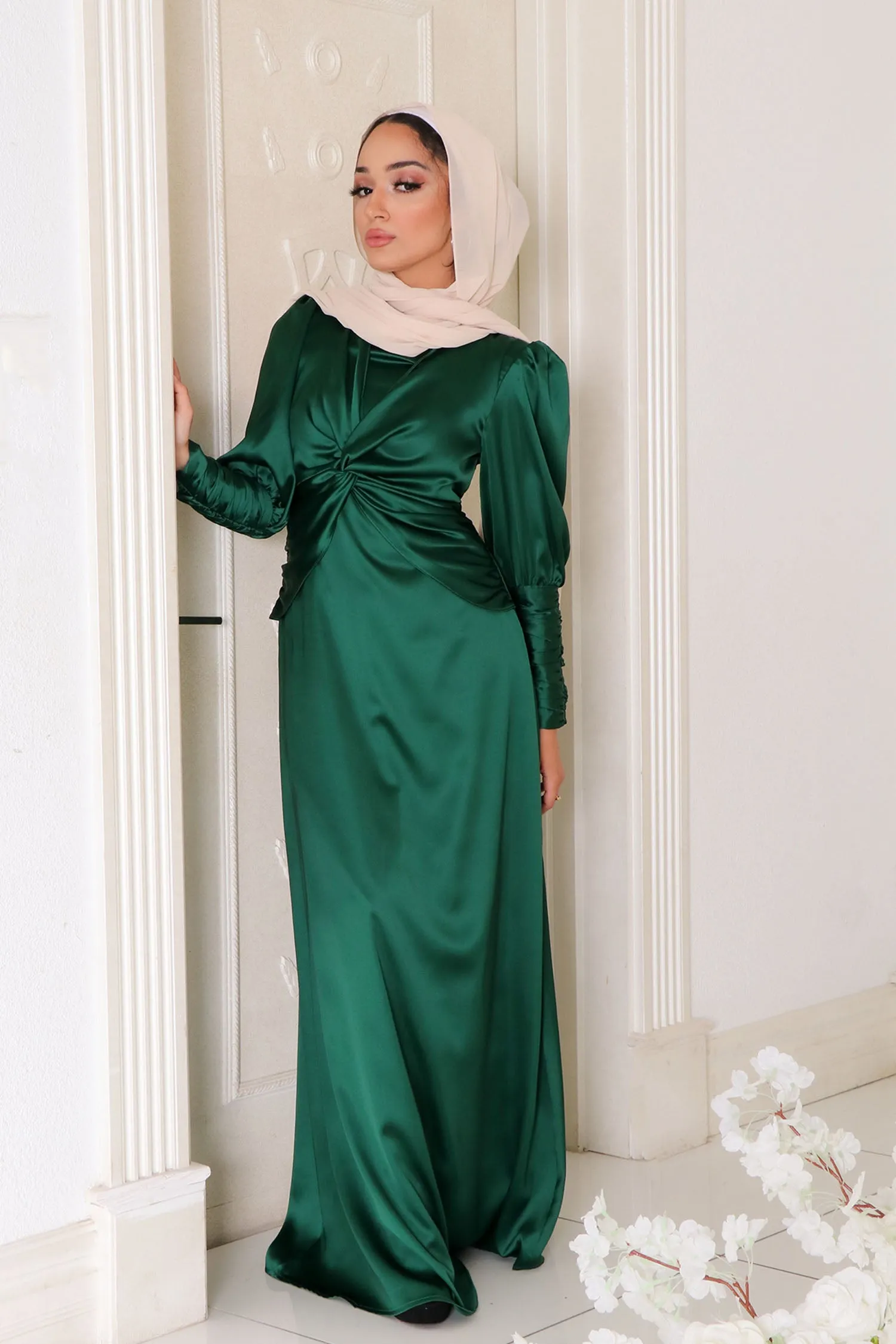 Olivia Wrap Satin Dress- Emerald Green