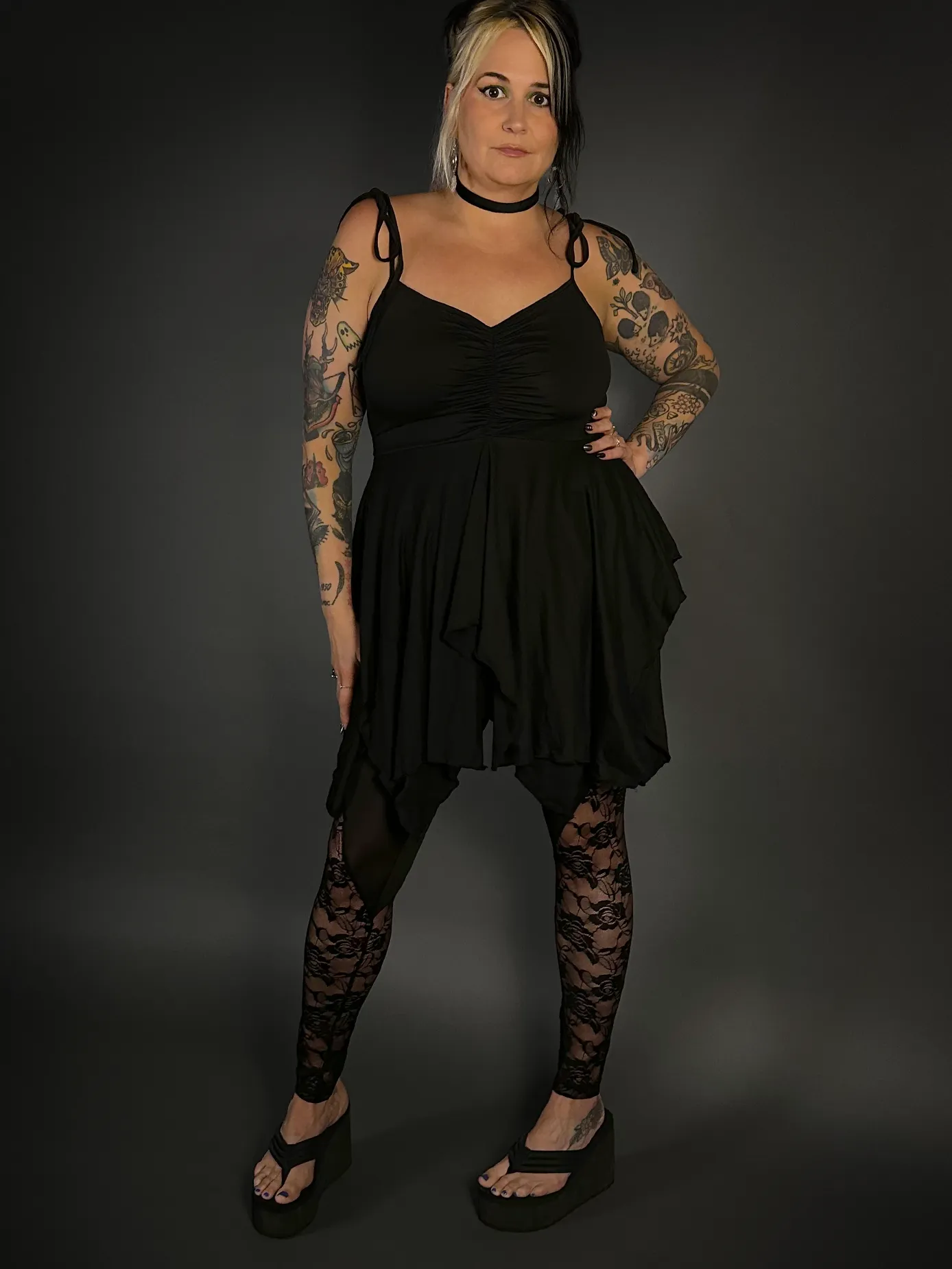 Outfit Set - Black Spaghetti Strap Fairy Dress & Rose Lace Translucent Leggings