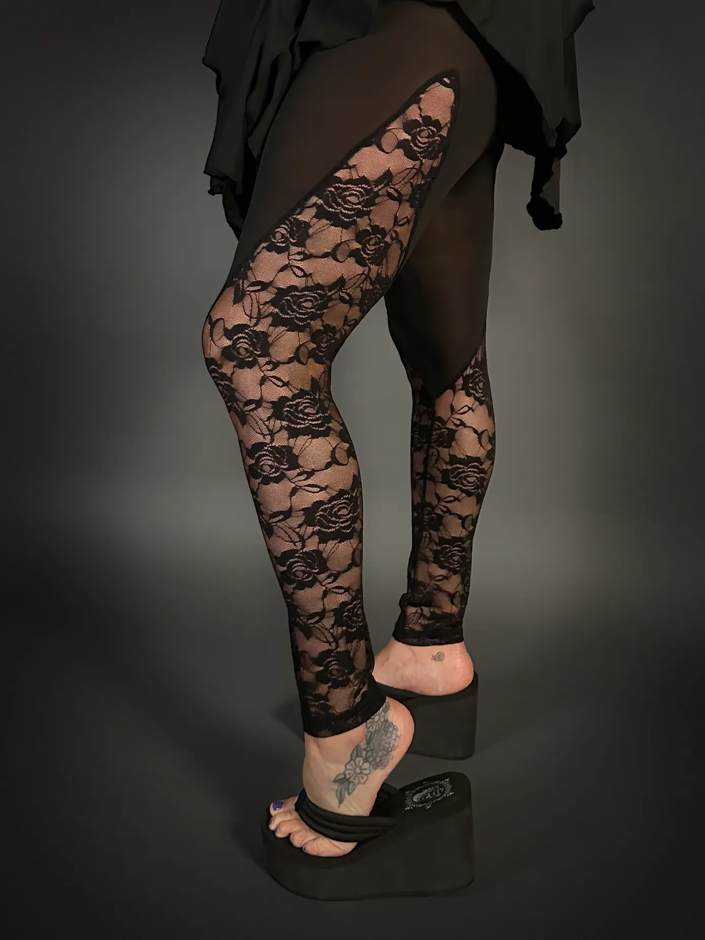 Outfit Set - Black Spaghetti Strap Fairy Dress & Rose Lace Translucent Leggings