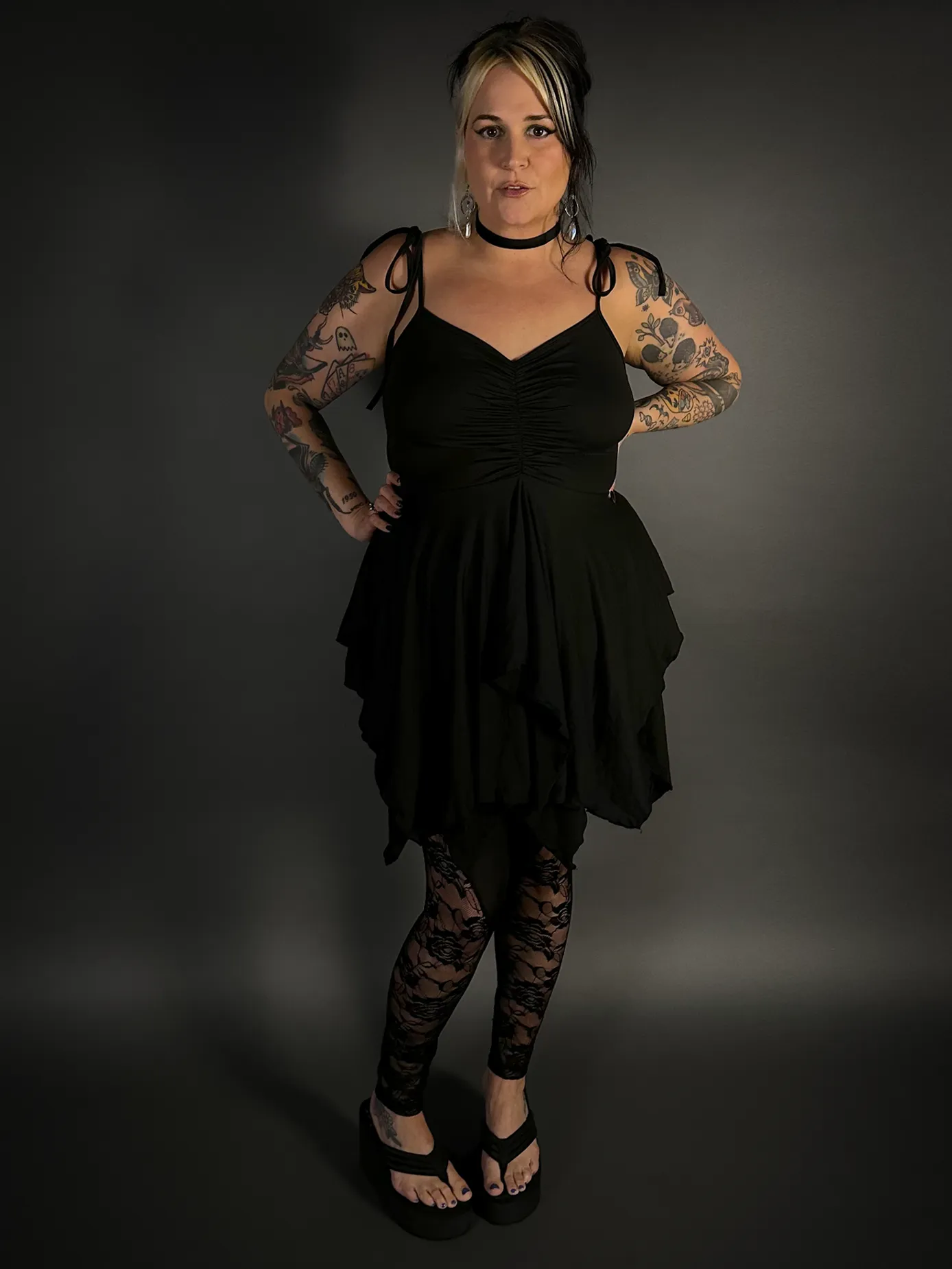 Outfit Set - Black Spaghetti Strap Fairy Dress & Rose Lace Translucent Leggings