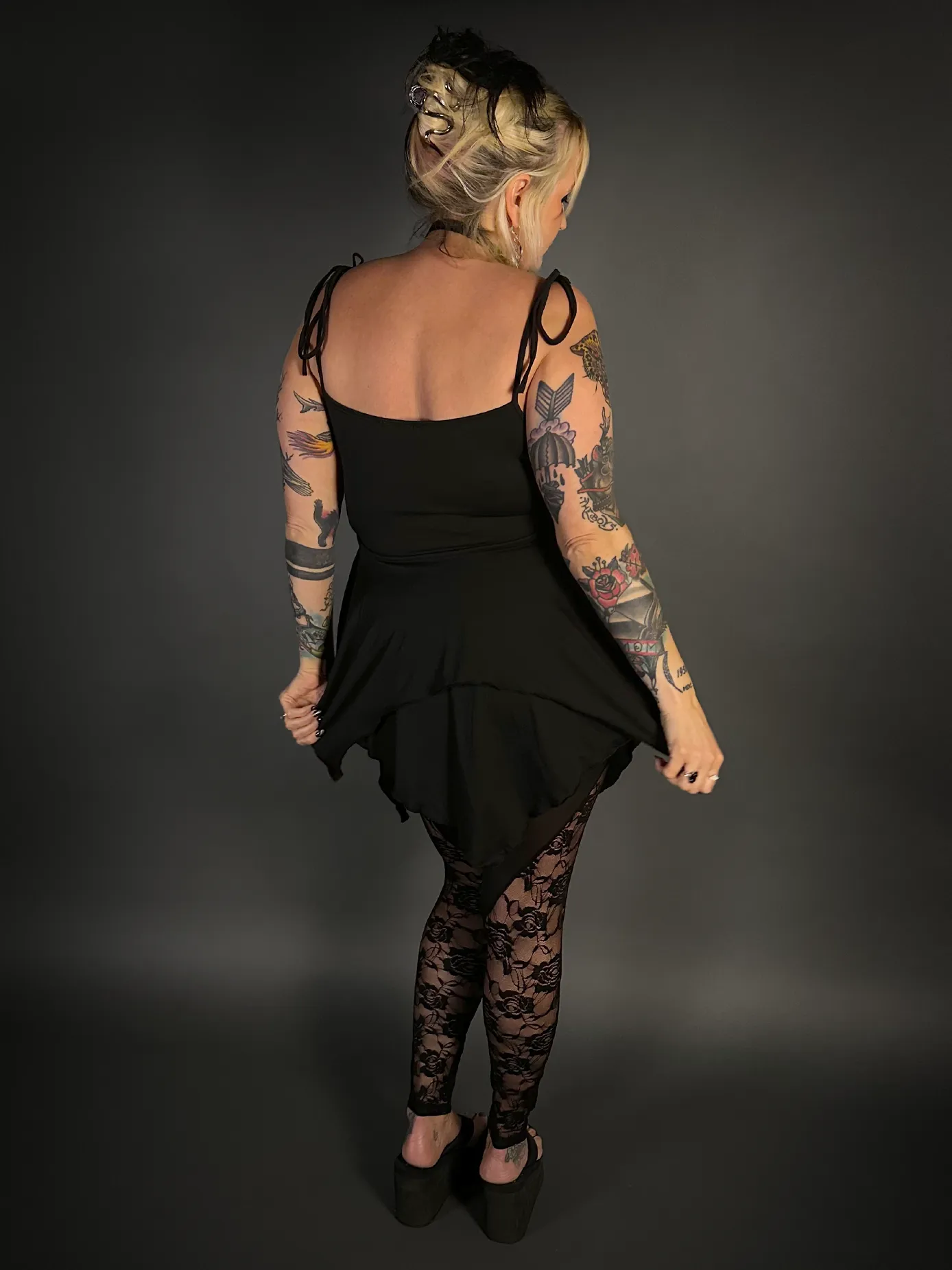 Outfit Set - Black Spaghetti Strap Fairy Dress & Rose Lace Translucent Leggings