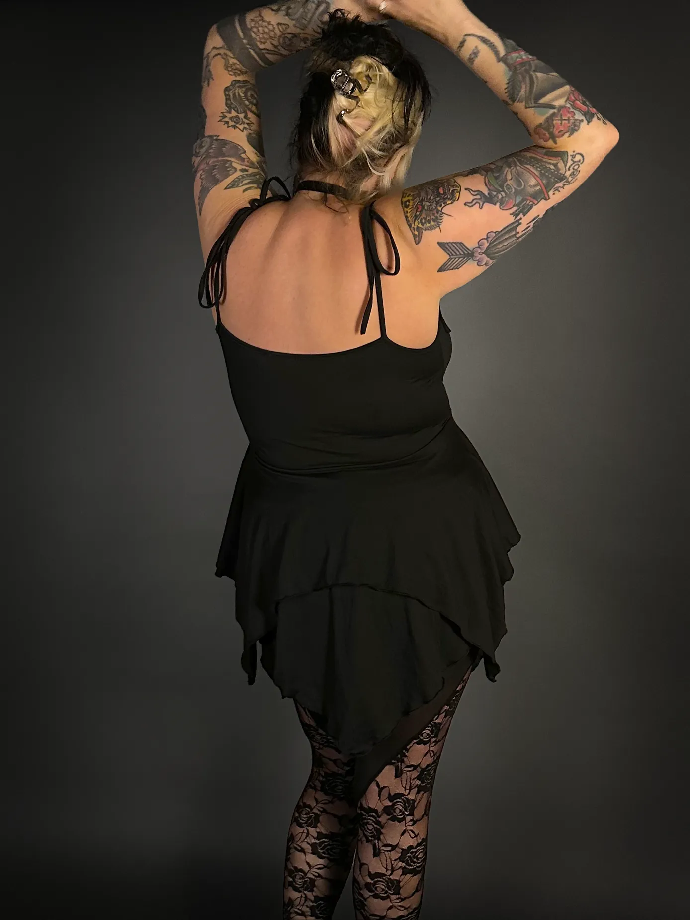 Outfit Set - Black Spaghetti Strap Fairy Dress & Rose Lace Translucent Leggings