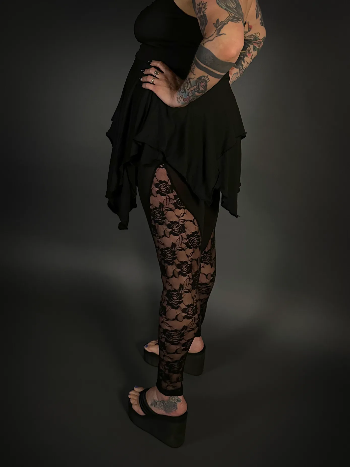 Outfit Set - Black Spaghetti Strap Fairy Dress & Rose Lace Translucent Leggings