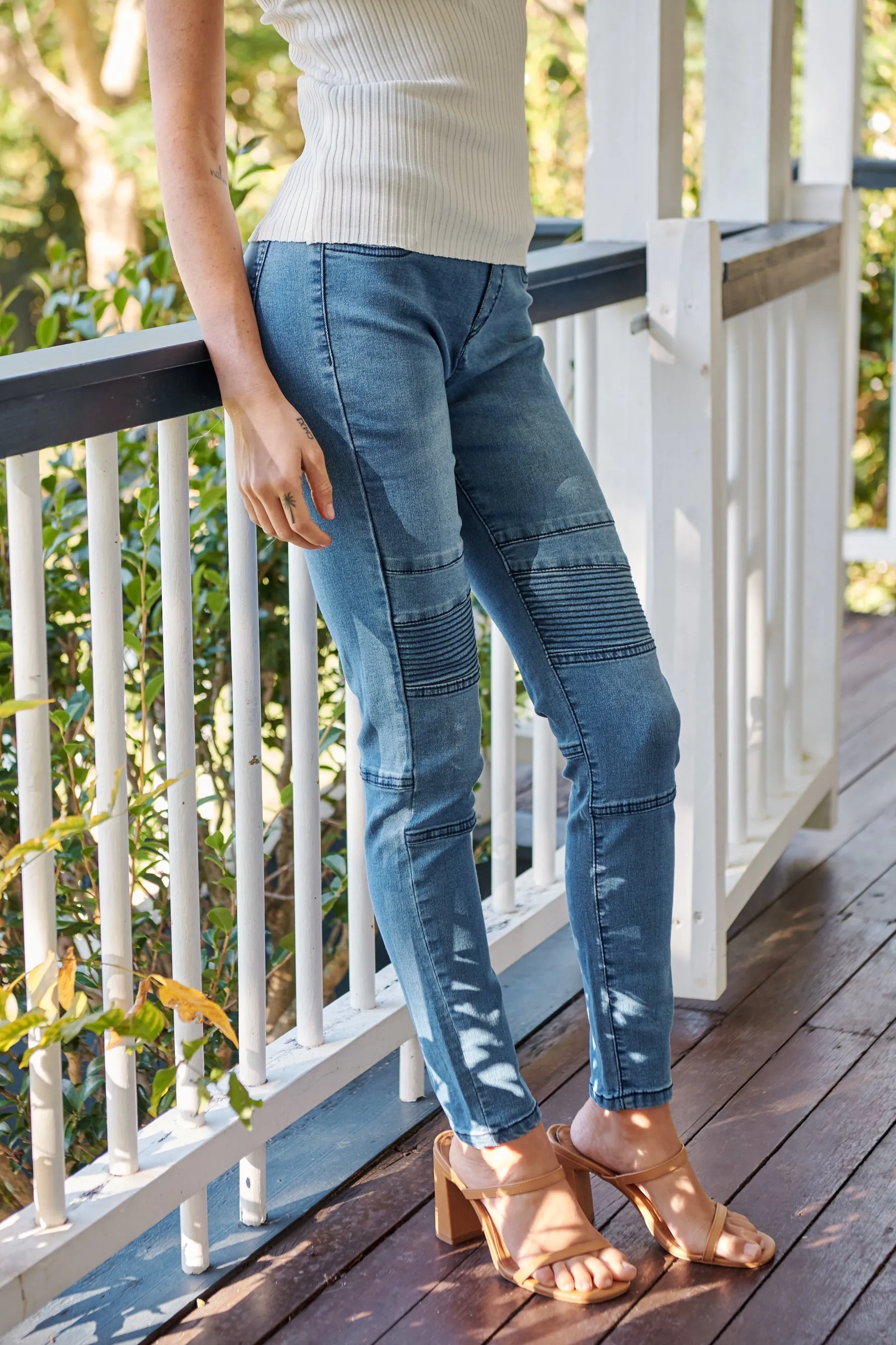 Patched Knee Blue Denim Stretch Jean