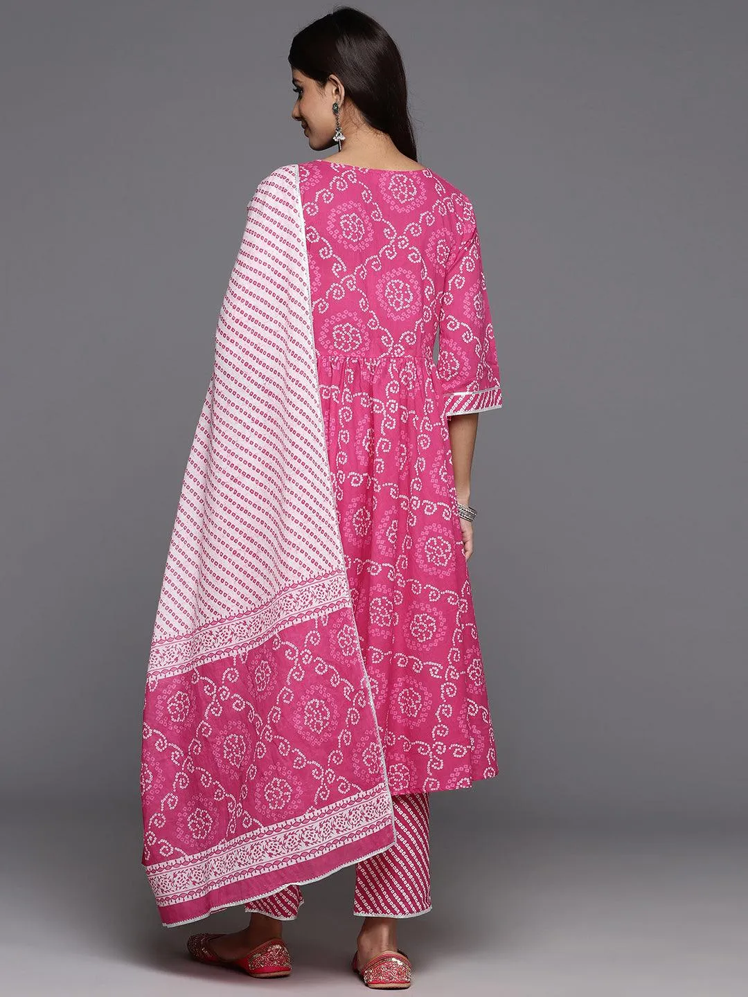 Pink Printed Cotton A-Line Kurta With Trousers & Dupatta