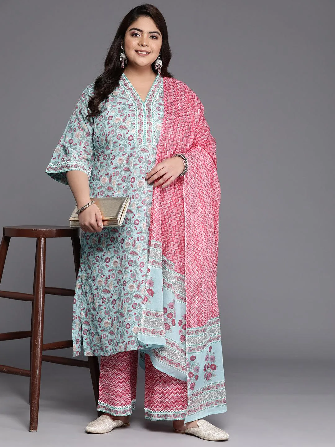 Plus Size Blue Printed Cotton A-Line Kurta With Trousers & Dupatta