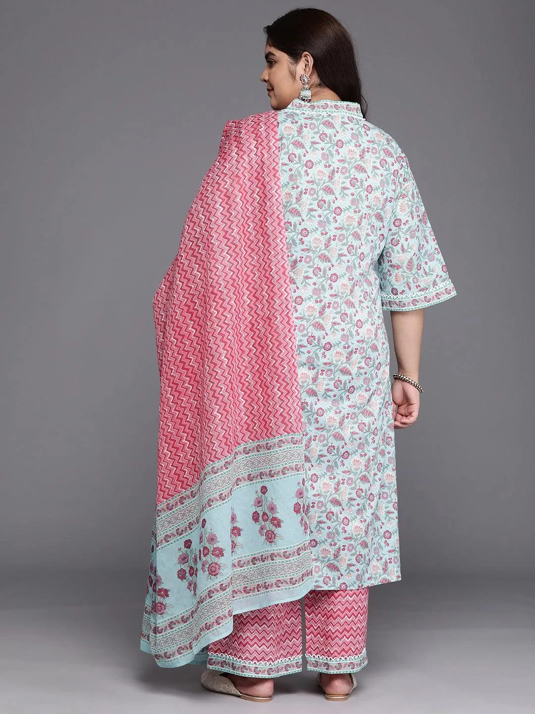 Plus Size Blue Printed Cotton A-Line Kurta With Trousers & Dupatta