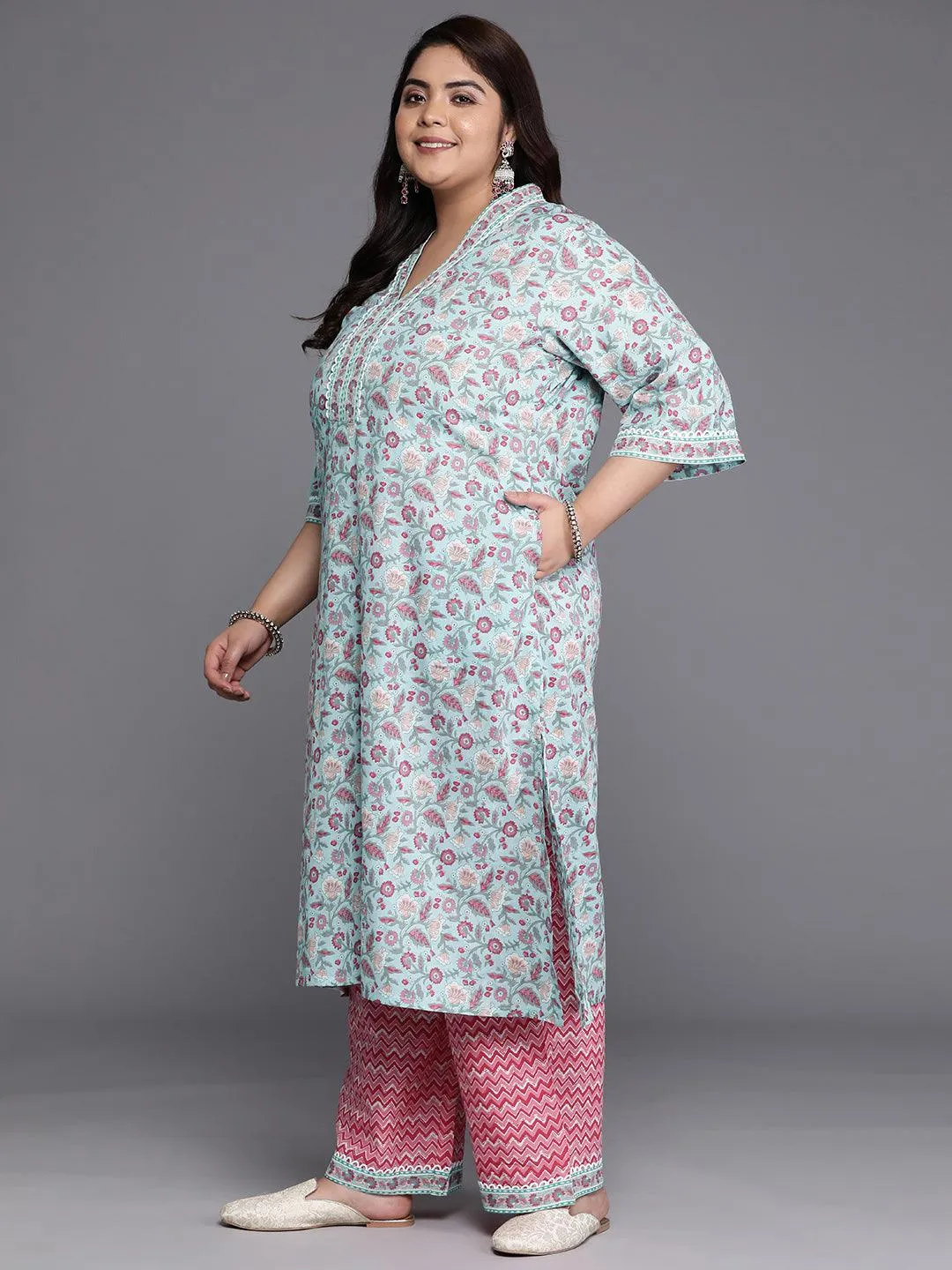 Plus Size Blue Printed Cotton A-Line Kurta With Trousers & Dupatta