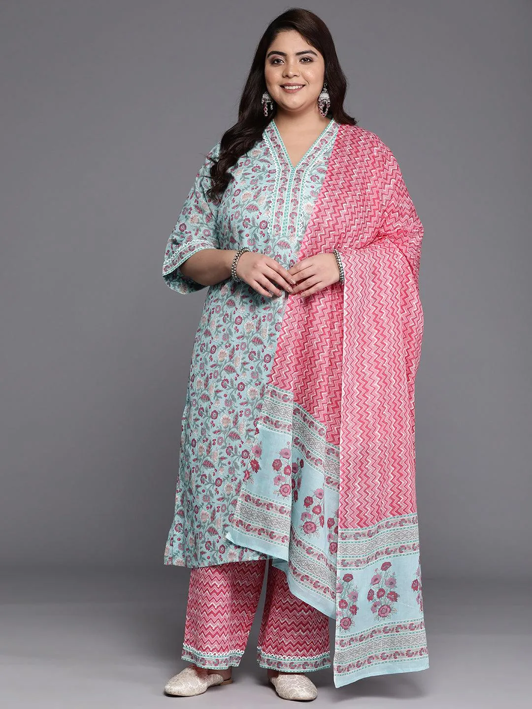 Plus Size Blue Printed Cotton A-Line Kurta With Trousers & Dupatta