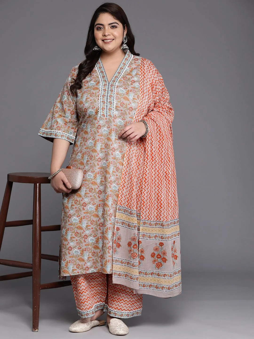 Plus Size Grey Printed Cotton A-Line Kurta With Trousers & Dupatta