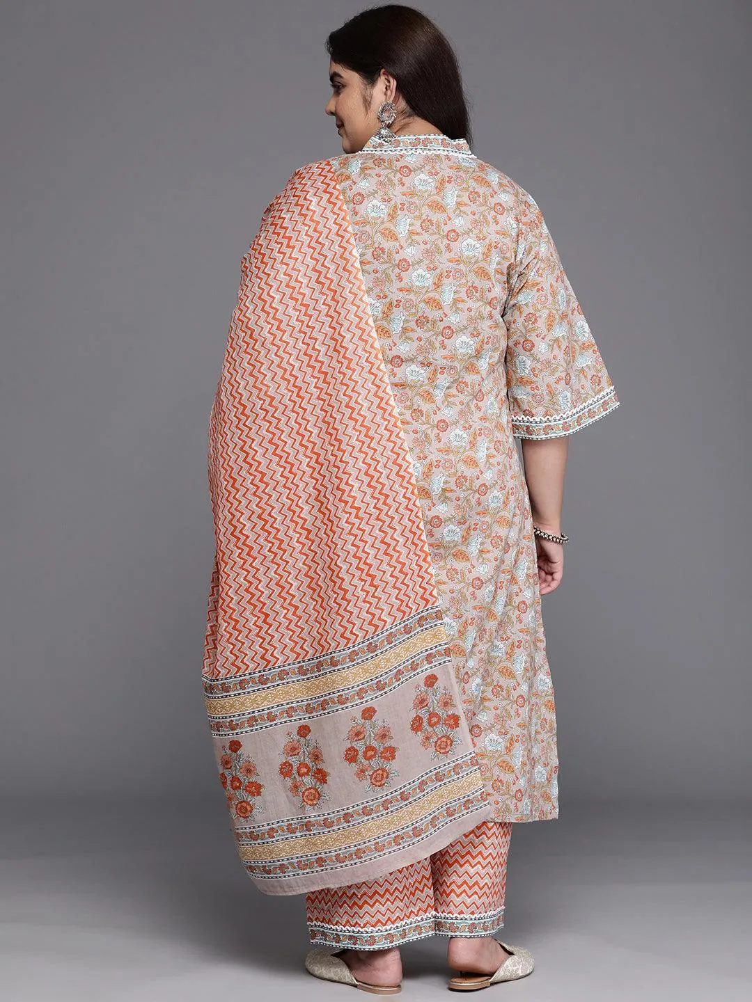 Plus Size Grey Printed Cotton A-Line Kurta With Trousers & Dupatta