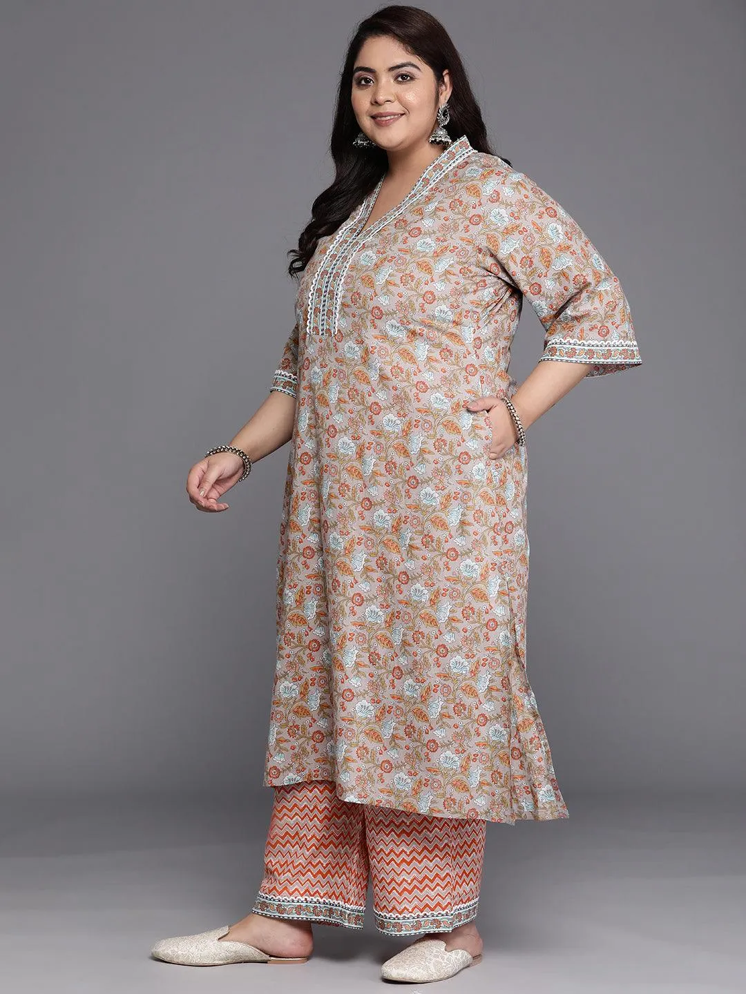 Plus Size Grey Printed Cotton A-Line Kurta With Trousers & Dupatta