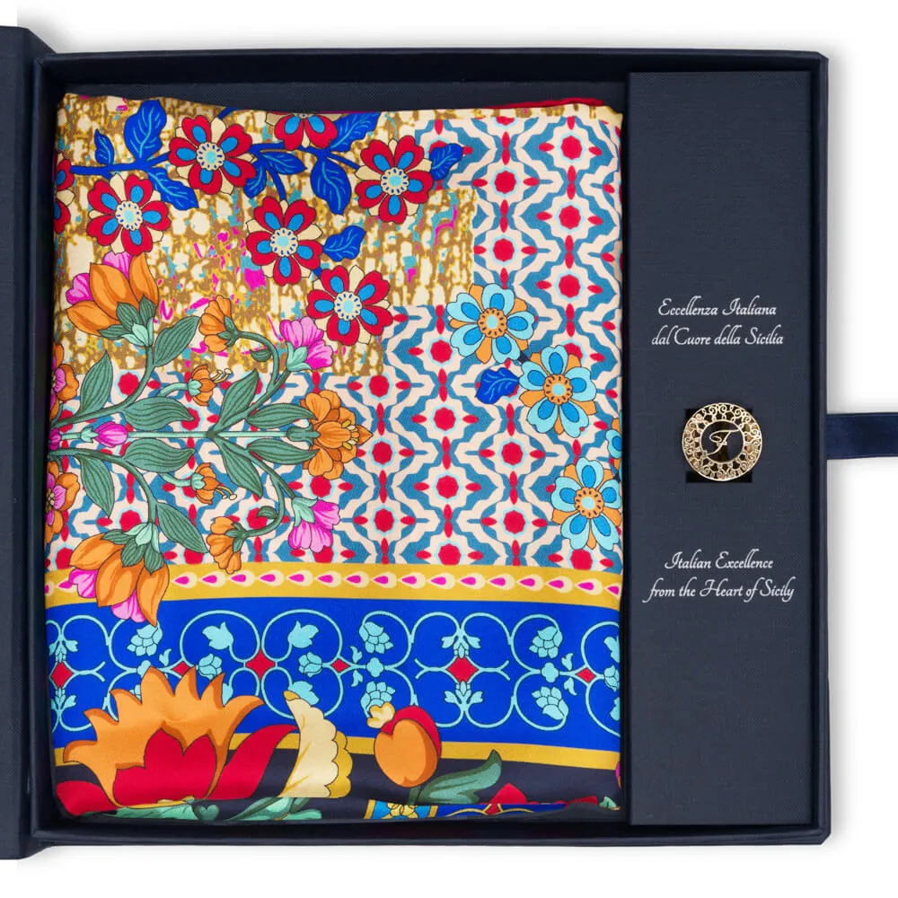 Porta Catania Porta Messina Blue Silk Twill Scarf and Ring