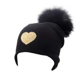 Reversible Slouchy Black Cashmere Hat with Gold Heart and Black Pom-Pom