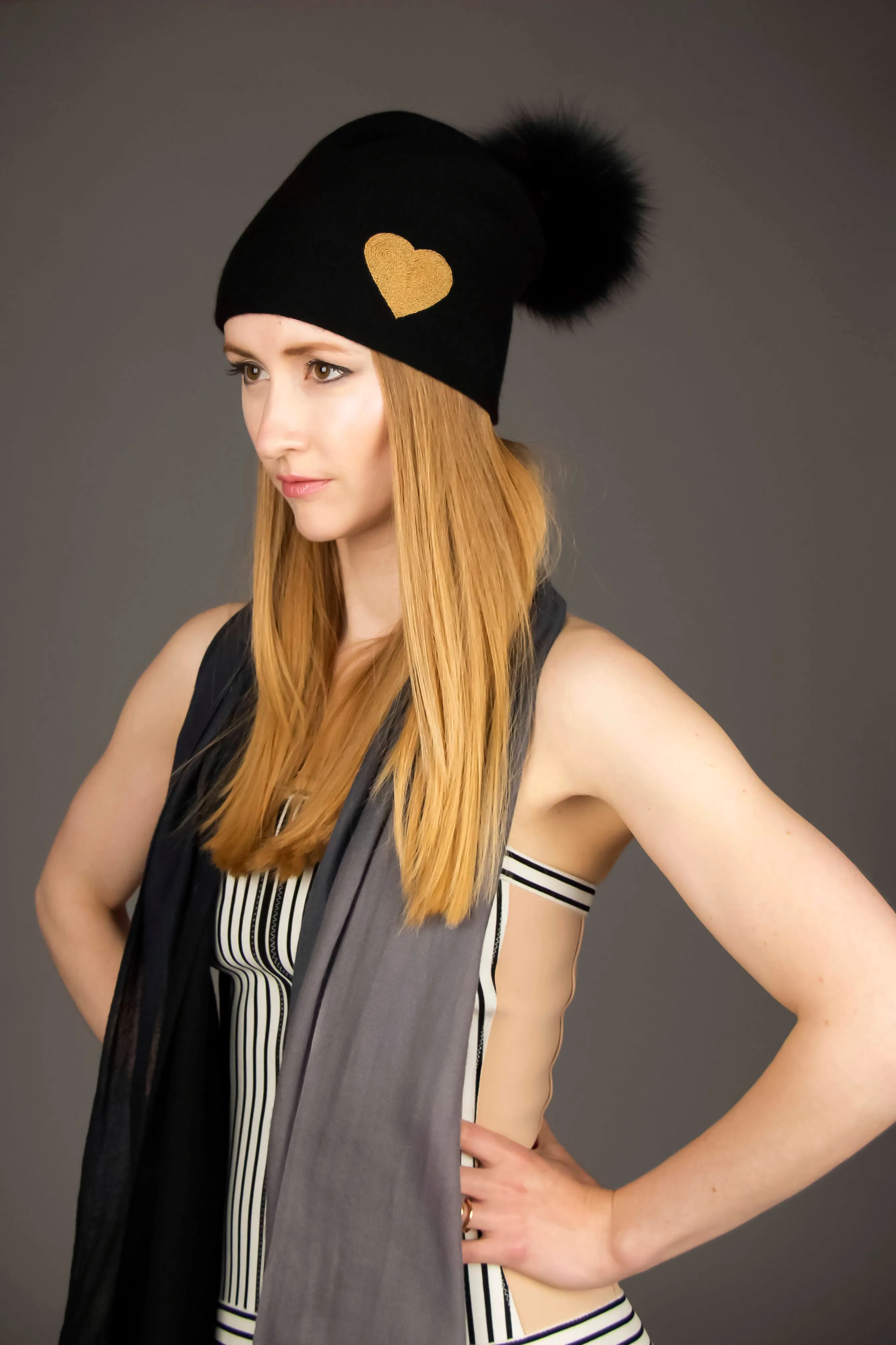 Reversible Slouchy Black Cashmere Hat with Gold Heart and Black Pom-Pom