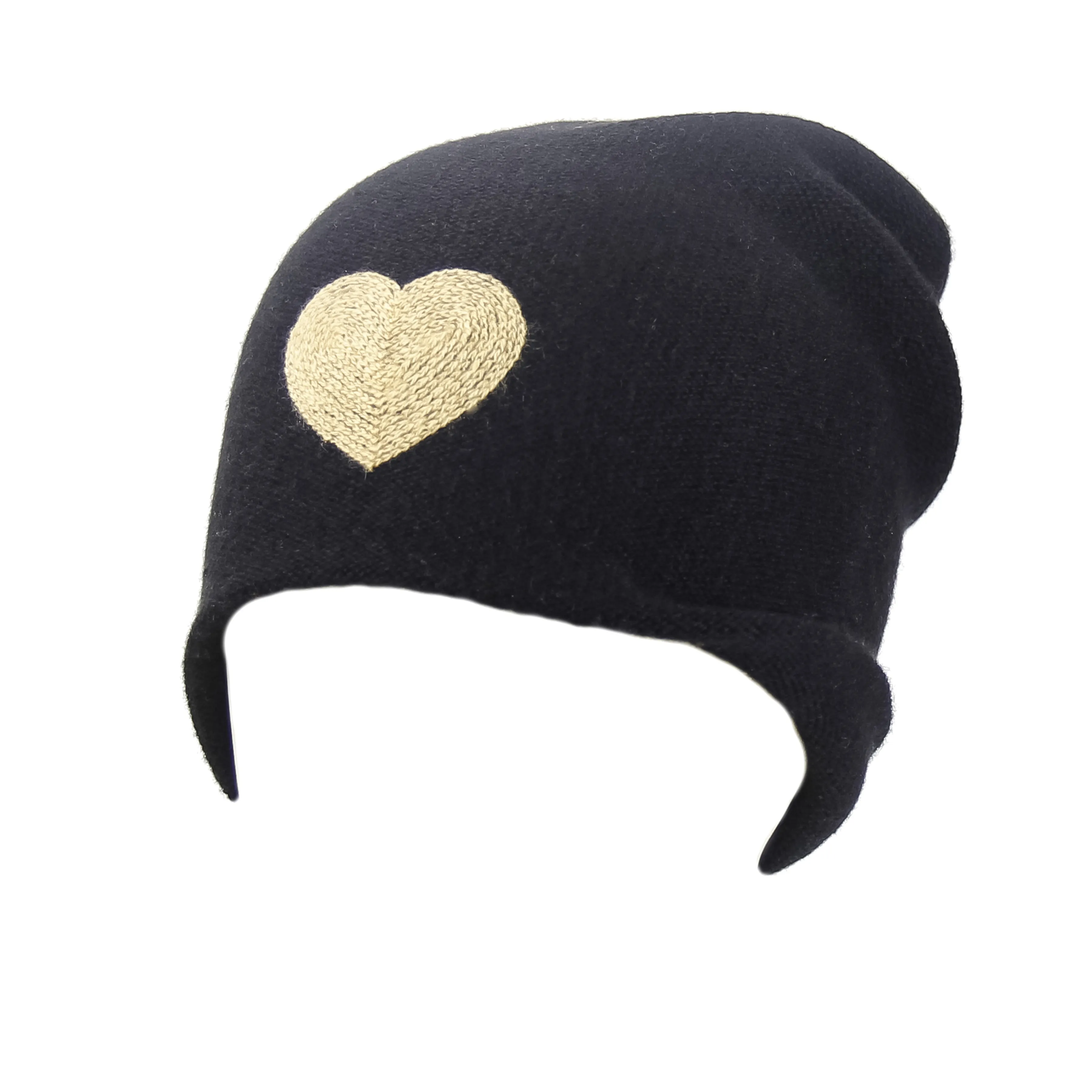 Reversible Slouchy Black Cashmere Hat with Gold Heart and Black Pom-Pom