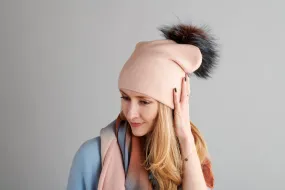 Reversible Slouchy Blush Cashmere Hat with Pine Mist Pom-Pom