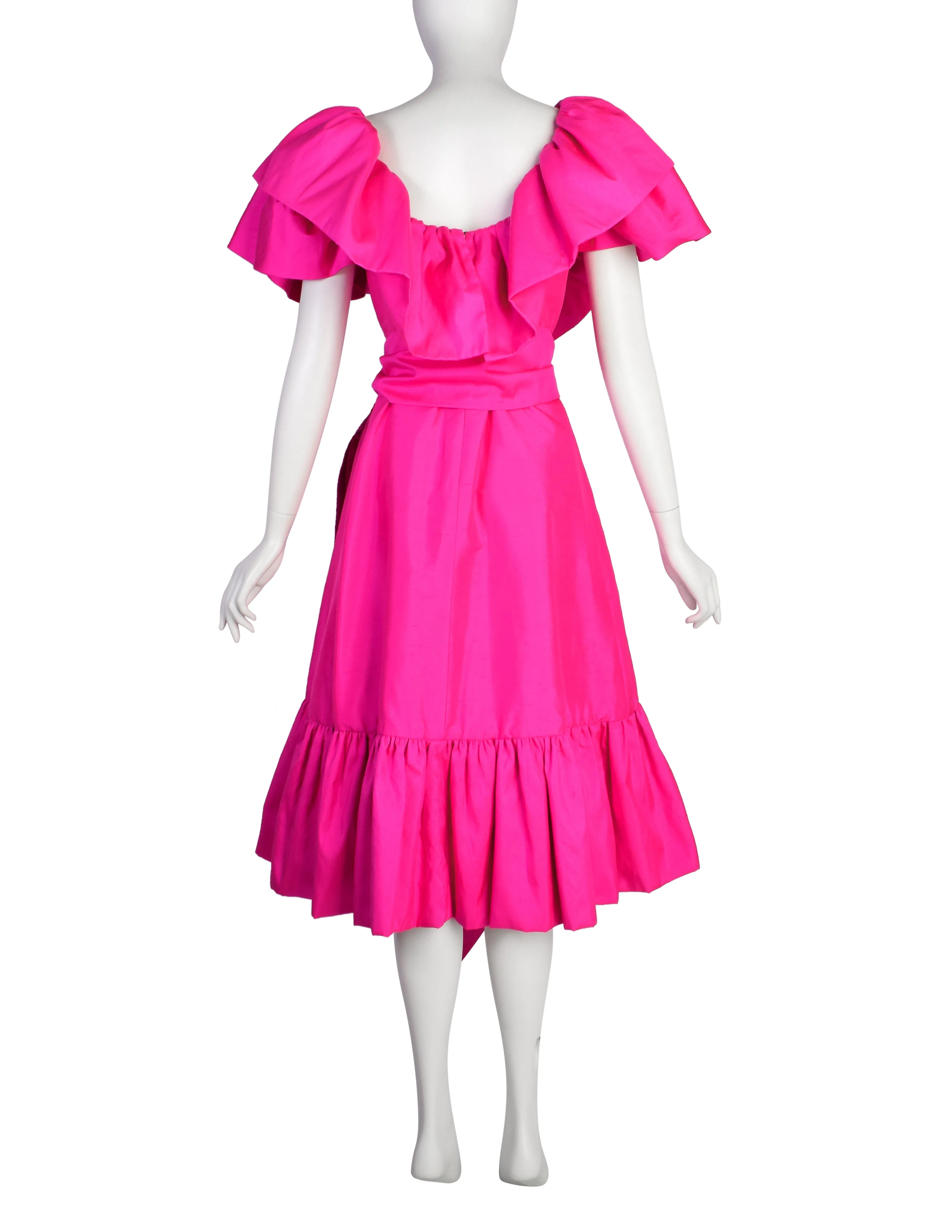 Richilene Vintage Hot Fuchsia Pink Raw Silk Dramatic Ruffle Surplice Dress