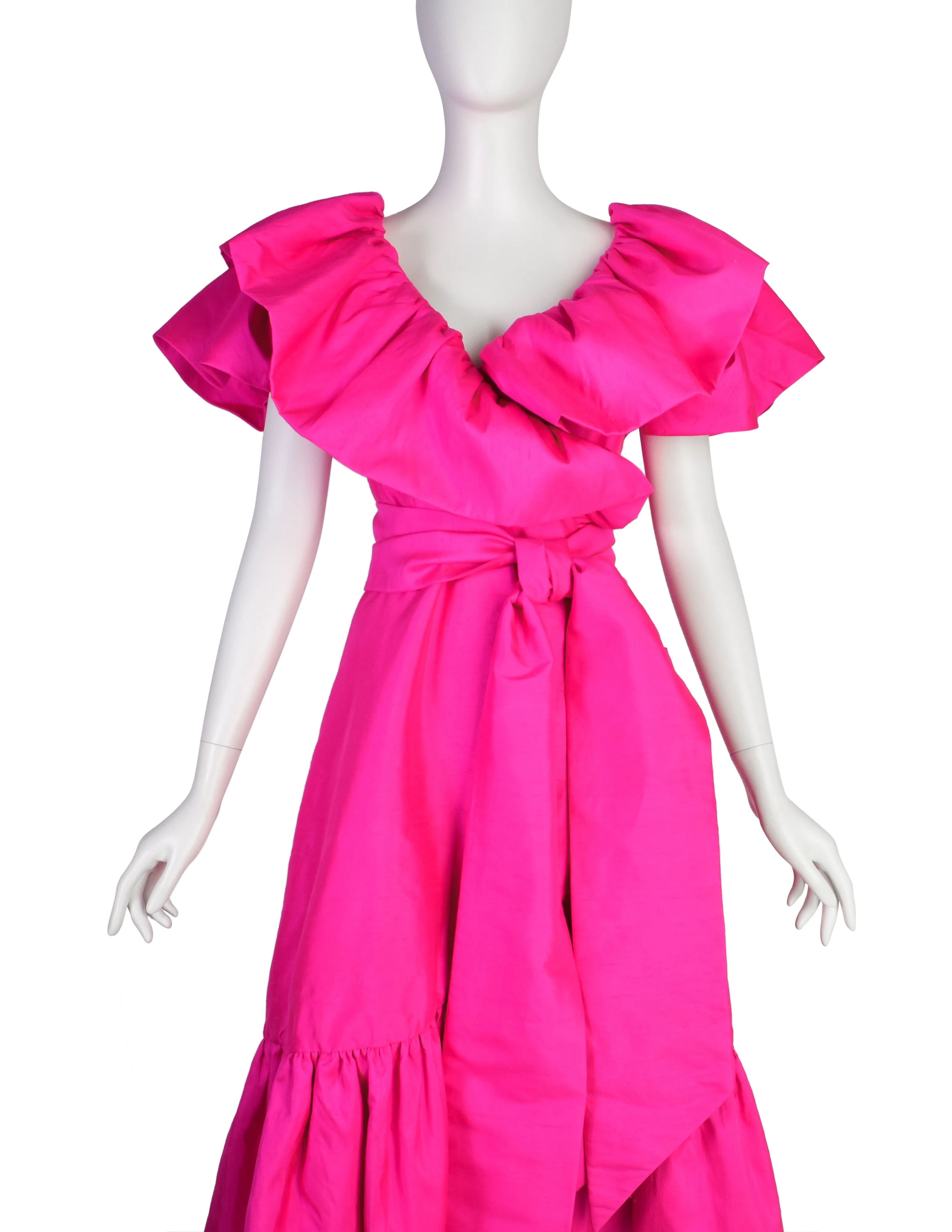 Richilene Vintage Hot Fuchsia Pink Raw Silk Dramatic Ruffle Surplice Dress