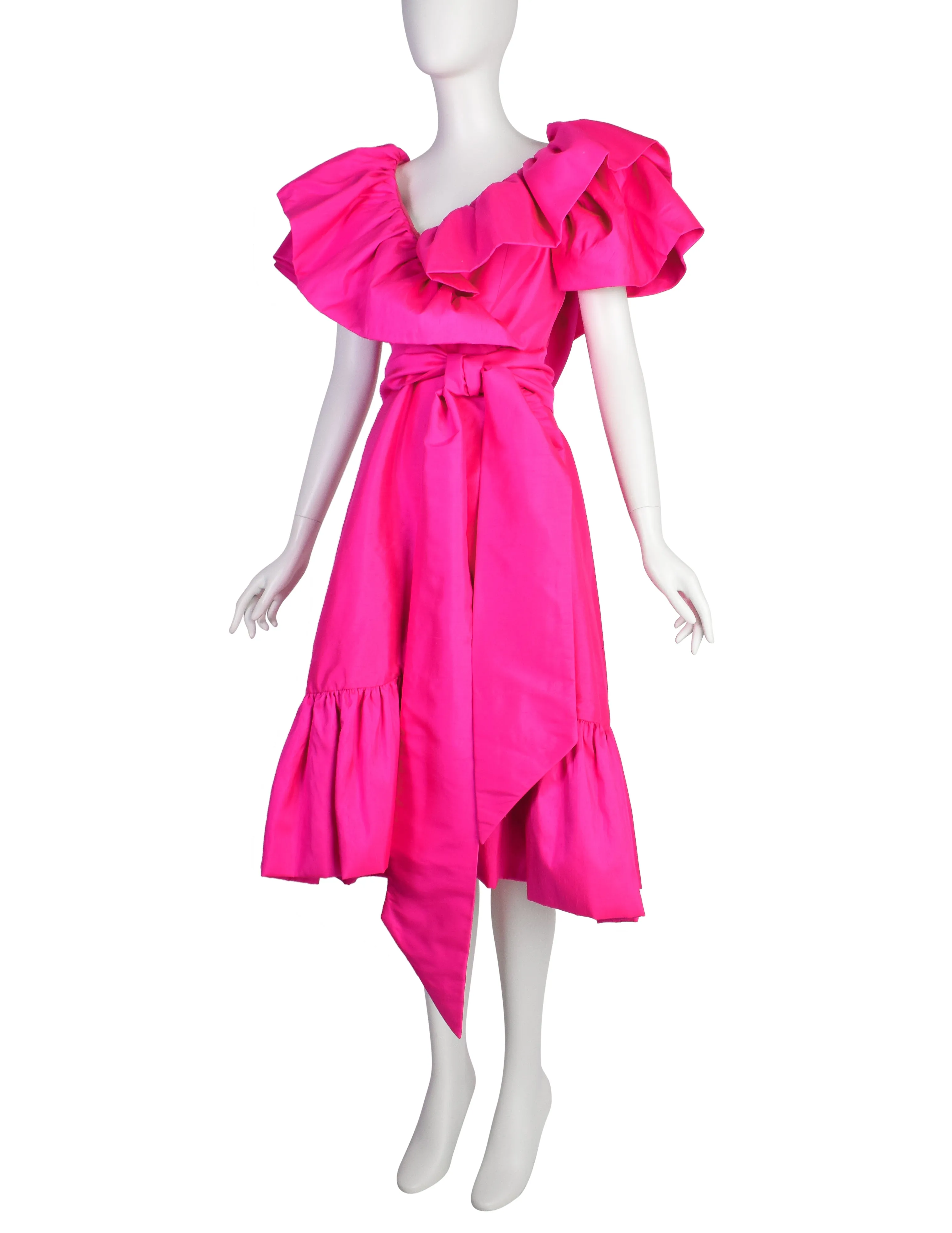 Richilene Vintage Hot Fuchsia Pink Raw Silk Dramatic Ruffle Surplice Dress