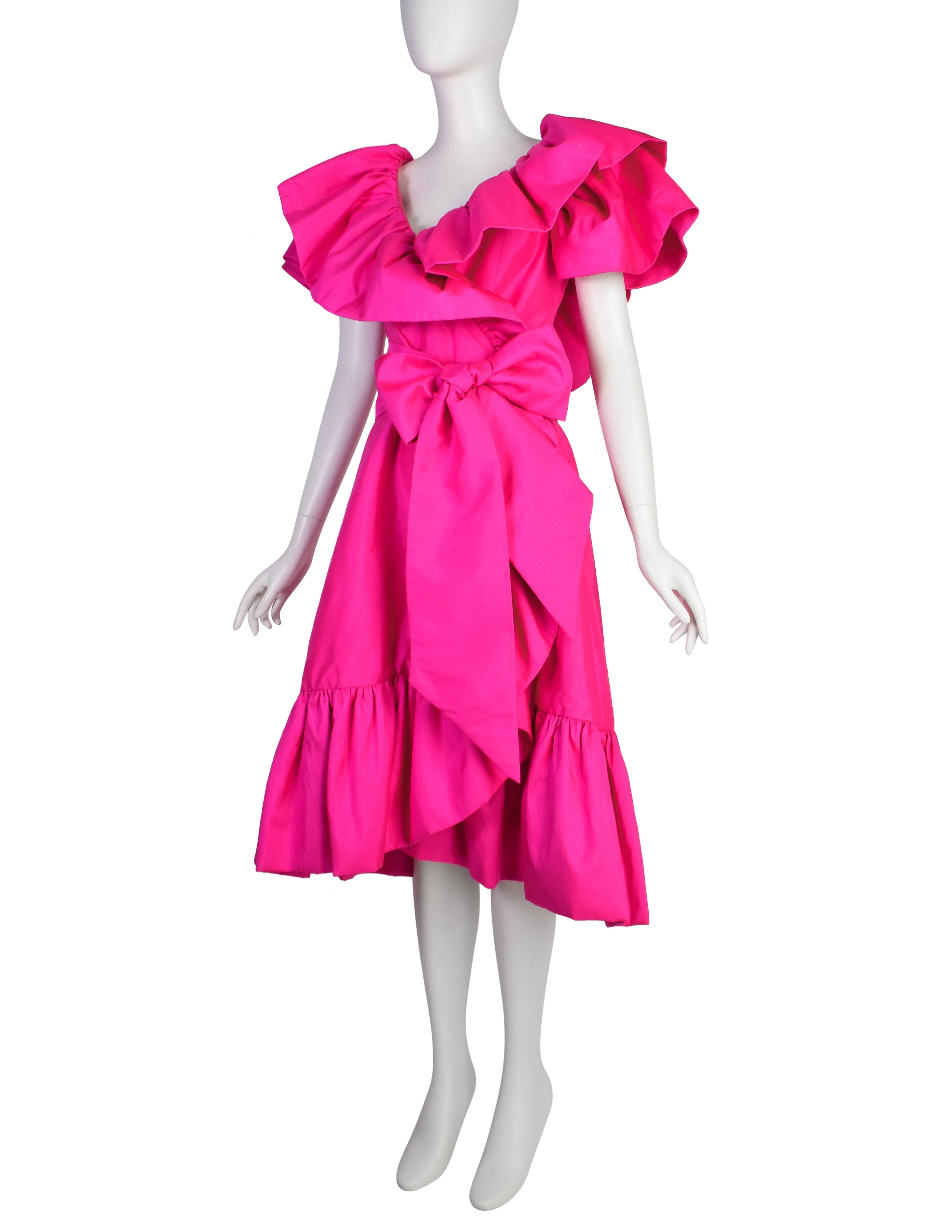 Richilene Vintage Hot Fuchsia Pink Raw Silk Dramatic Ruffle Surplice Dress