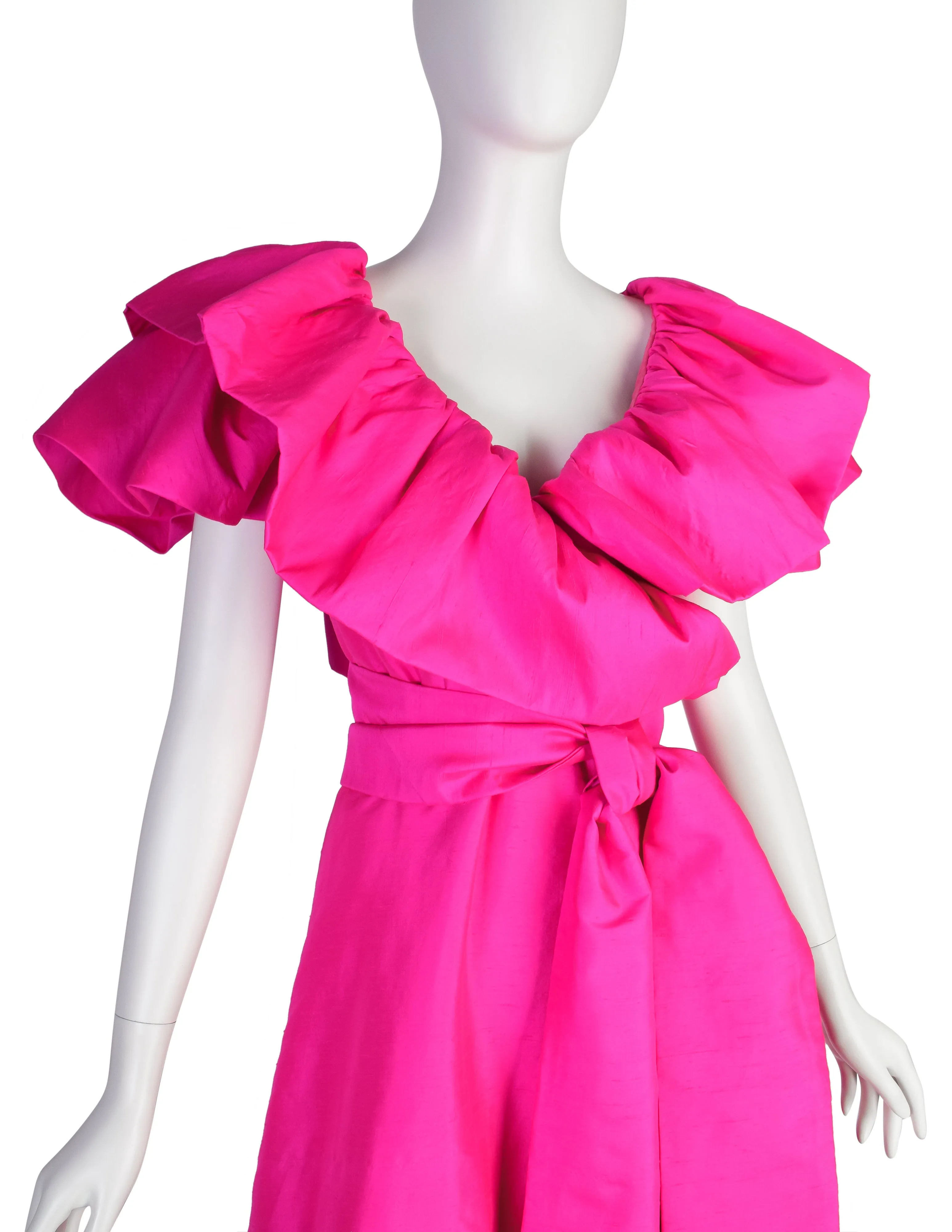 Richilene Vintage Hot Fuchsia Pink Raw Silk Dramatic Ruffle Surplice Dress