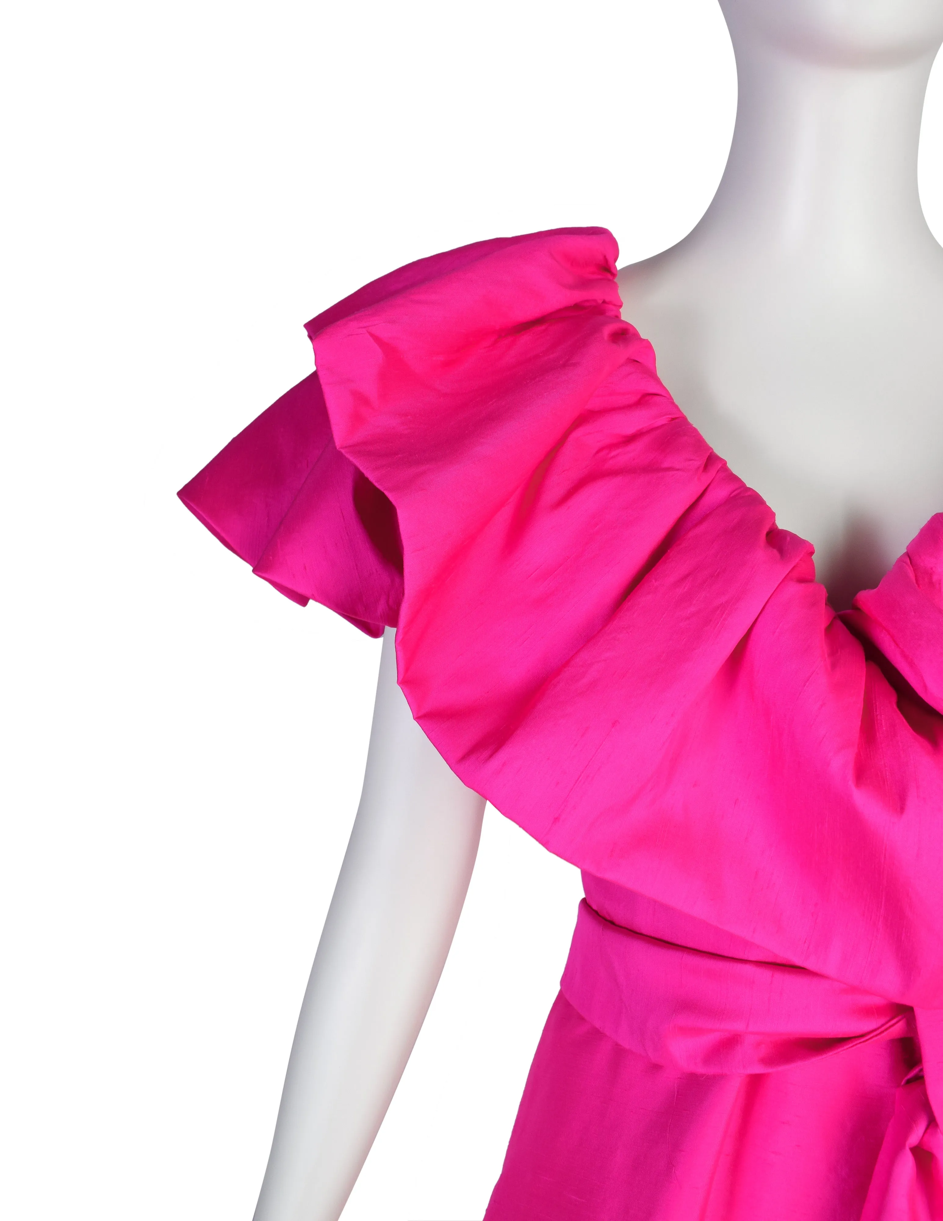 Richilene Vintage Hot Fuchsia Pink Raw Silk Dramatic Ruffle Surplice Dress