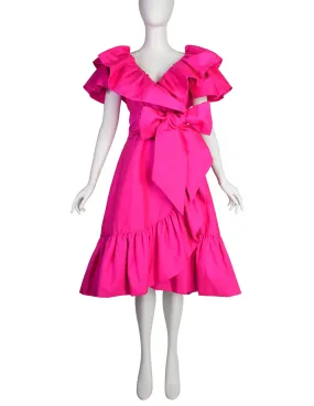 Richilene Vintage Hot Fuchsia Pink Raw Silk Dramatic Ruffle Surplice Dress