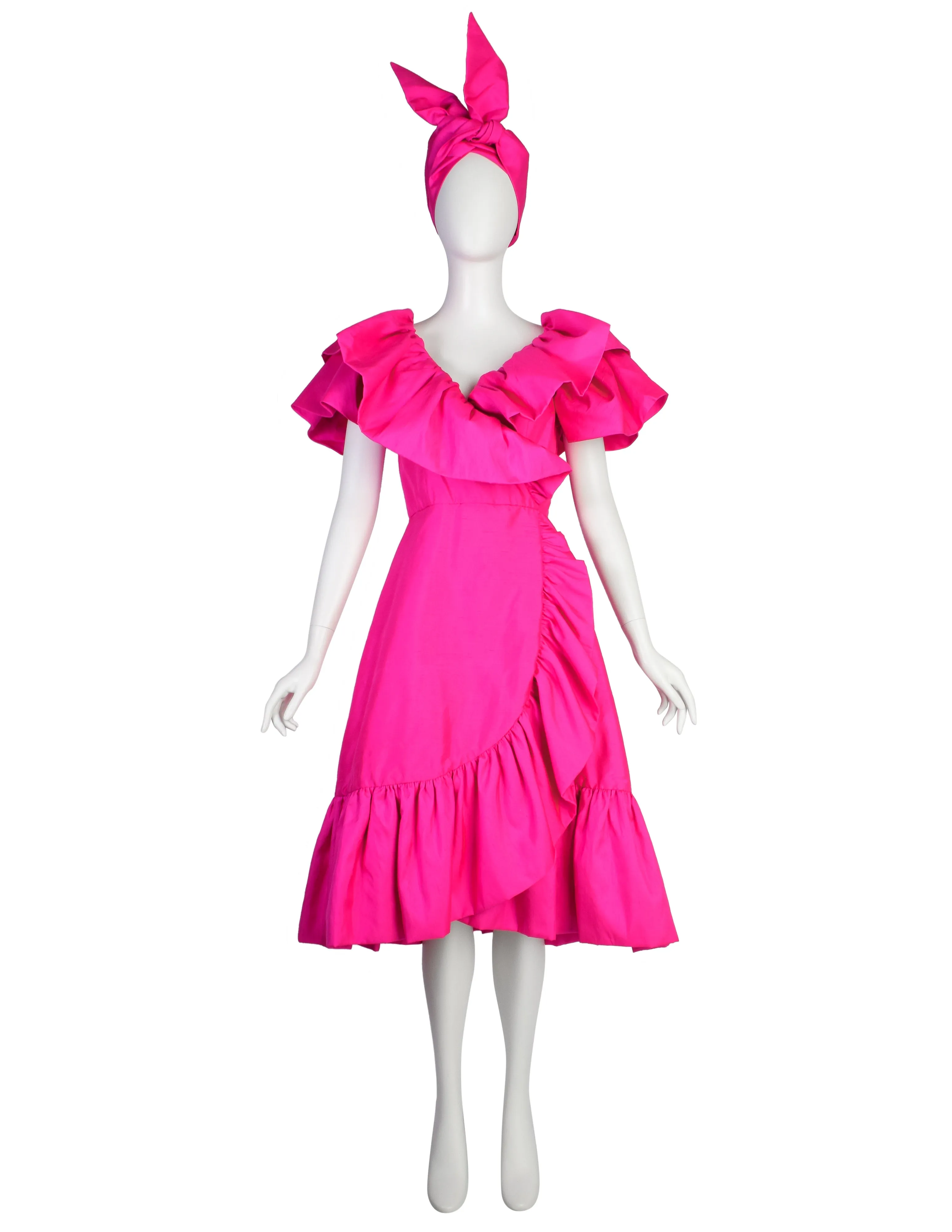 Richilene Vintage Hot Fuchsia Pink Raw Silk Dramatic Ruffle Surplice Dress