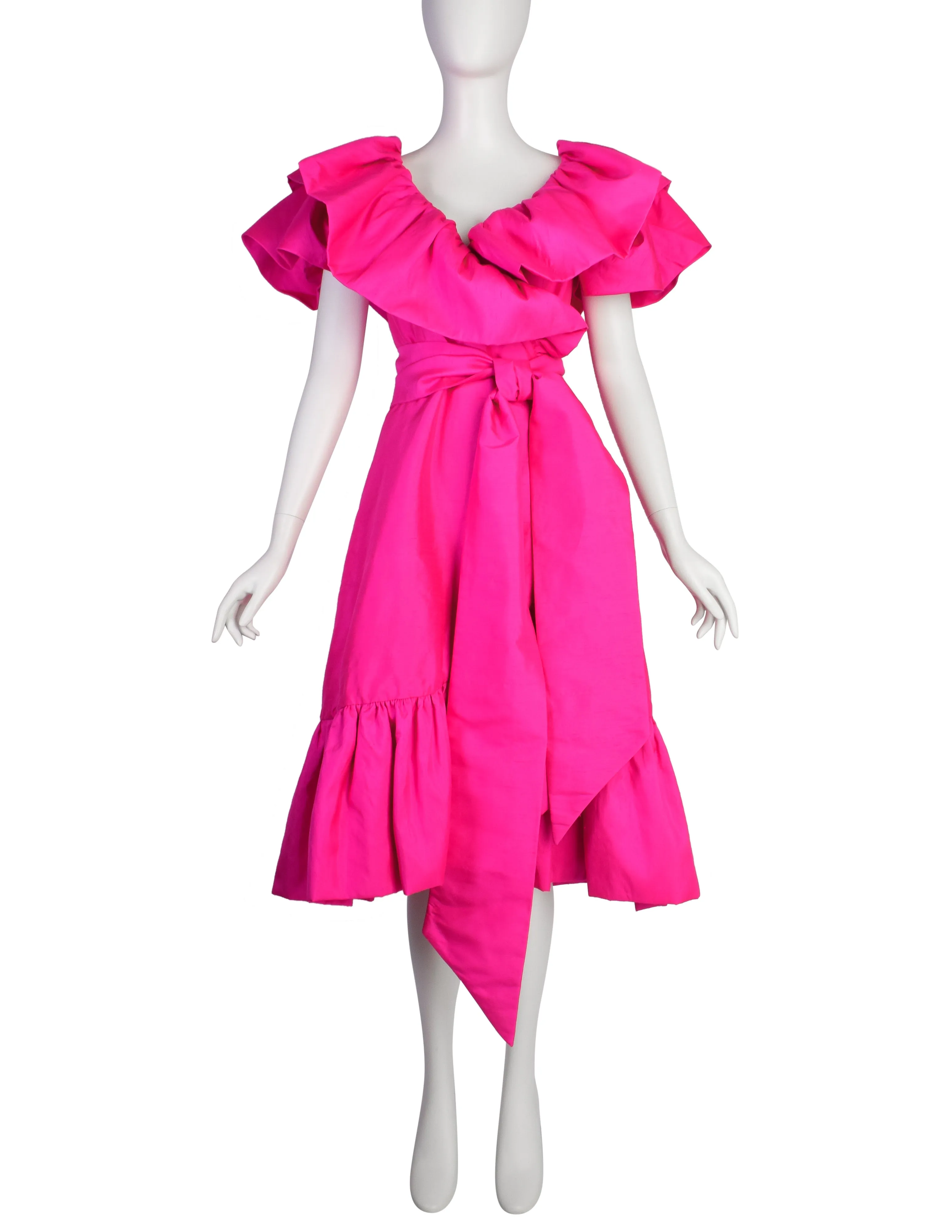 Richilene Vintage Hot Fuchsia Pink Raw Silk Dramatic Ruffle Surplice Dress