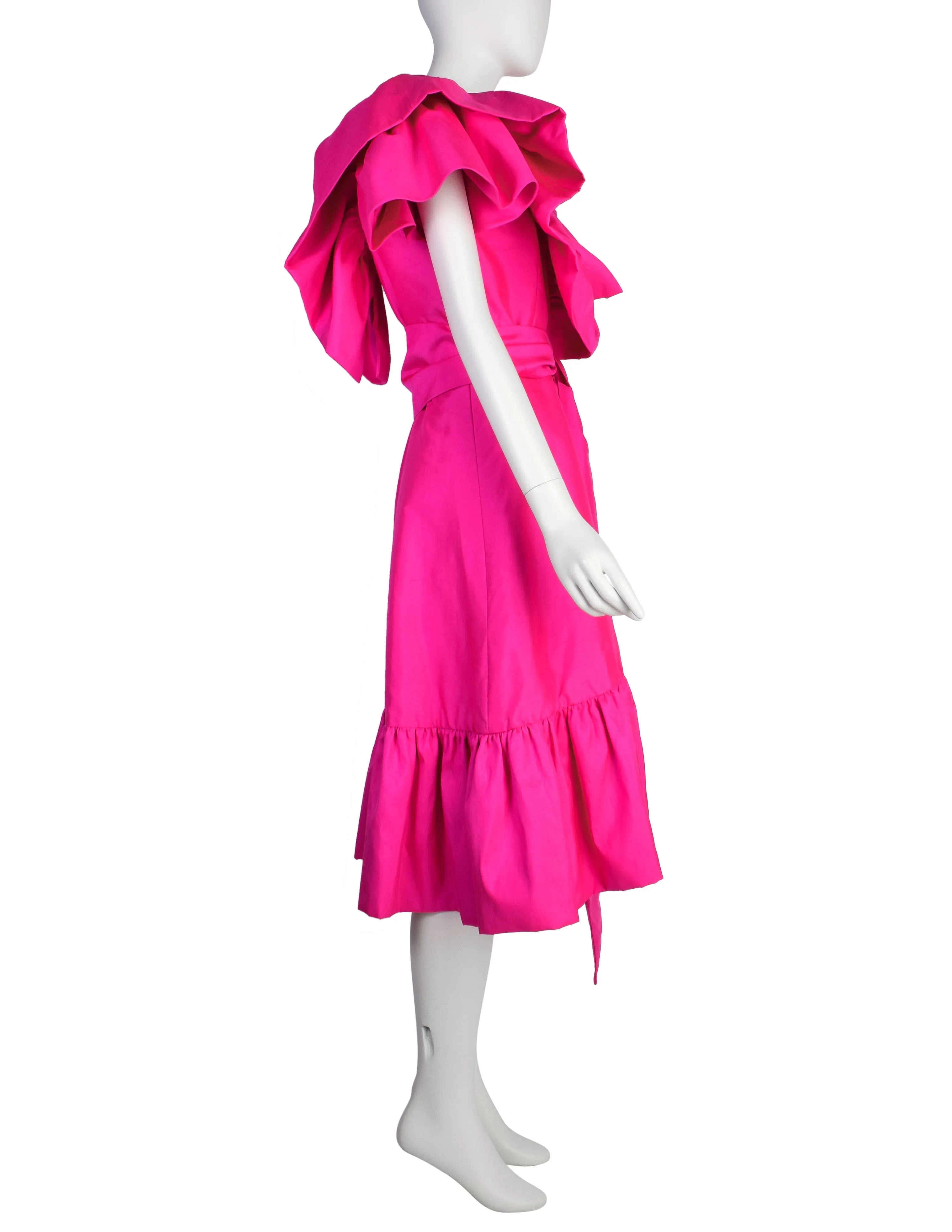 Richilene Vintage Hot Fuchsia Pink Raw Silk Dramatic Ruffle Surplice Dress