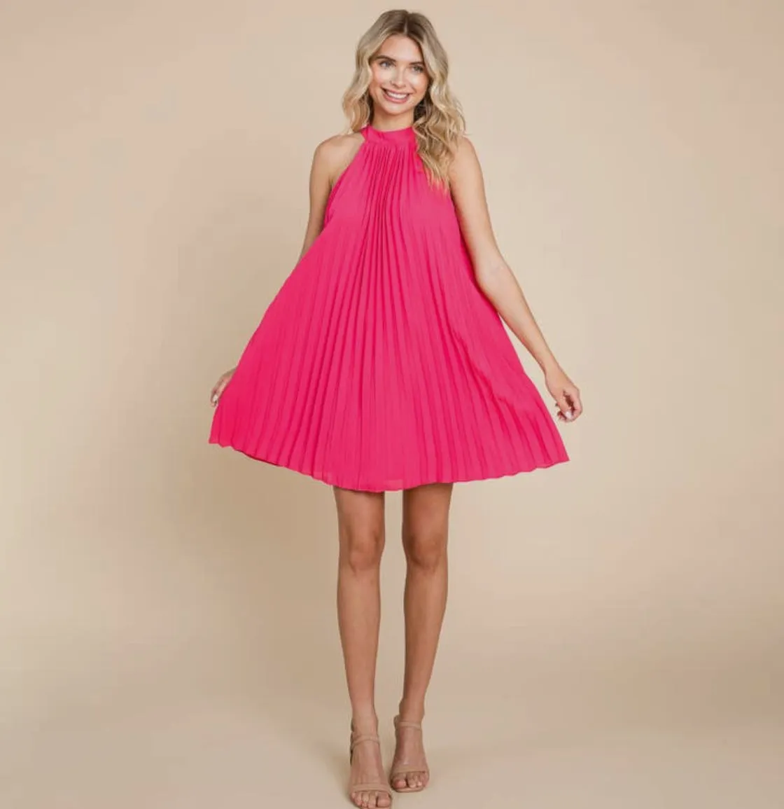 RolyPoly Pleated Pink Halter Swing Dress