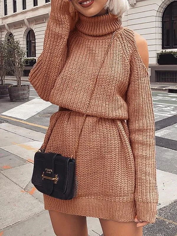 Sexy High Collar Long Sleeve Knit Midi Dress