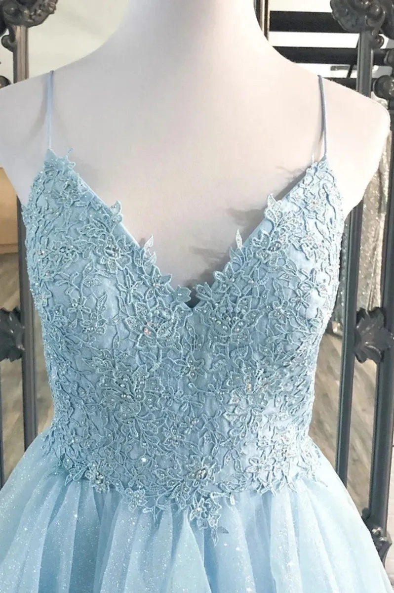 Shiny V Neck Blue Lace Long Prom, Blue Lace Formal, Fluffy Blue Evening